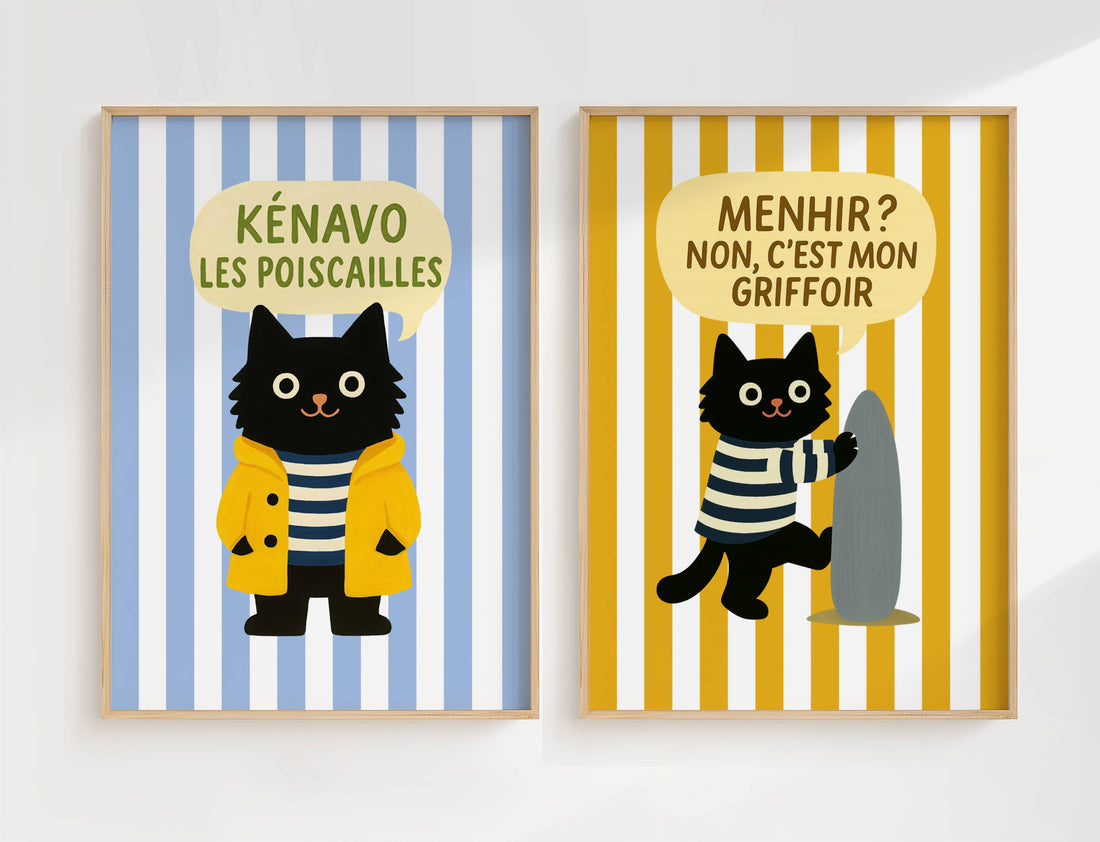 Découvrez le duo d'affiches chats noirs Breton : Une invitation à la Bretagne et aux ronrons cosy !