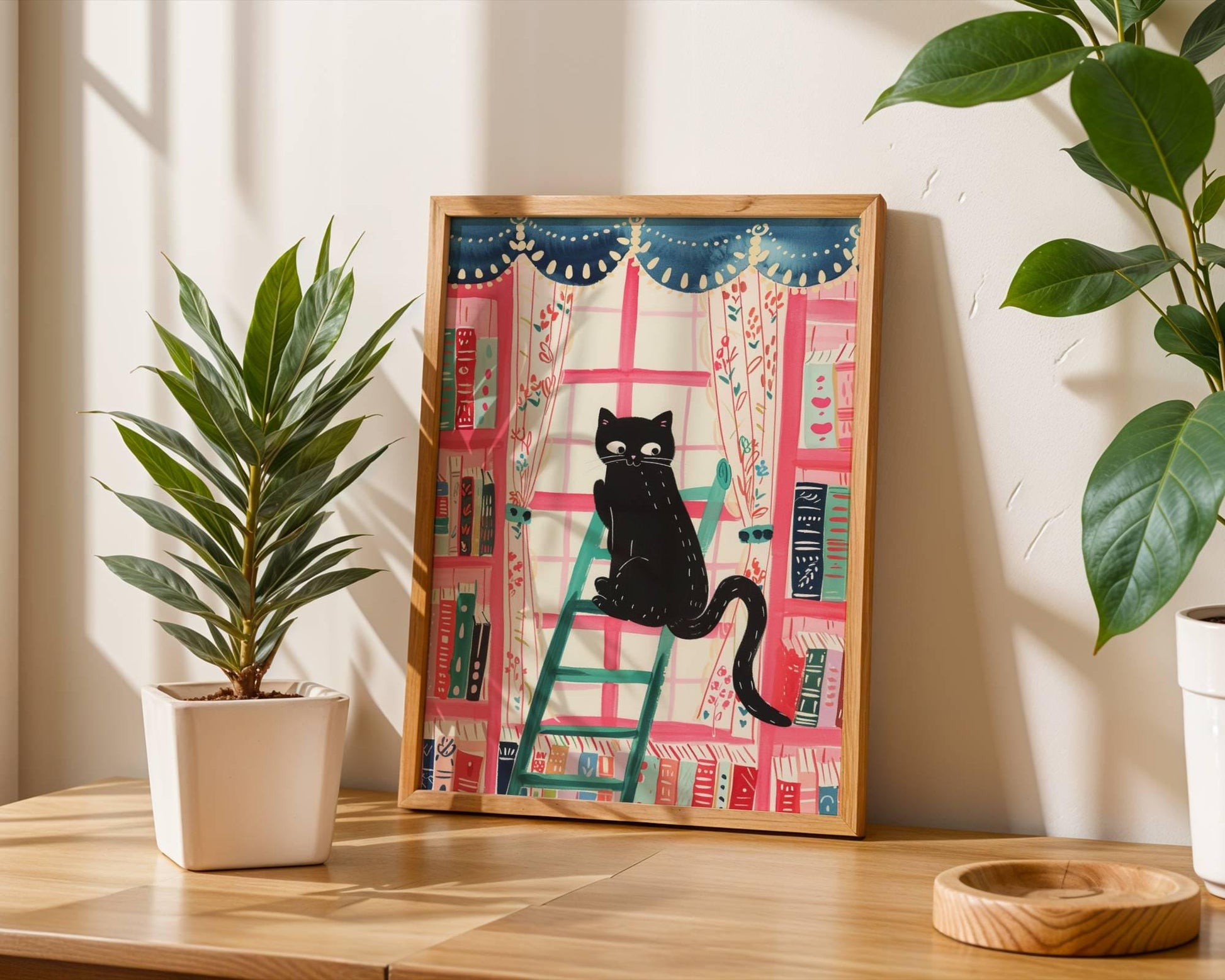 Affiche chat noir dans la bibliothèque – illustration colorée et cosy – déco murale féline et littéraire - idée cadeau fête des mères