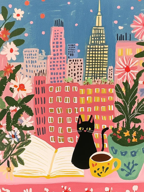 Affiche chat noir à New York – illustration chat noir cosy dans intérieur urbain – art mural vintage poétique – déco murale chambre ou salon