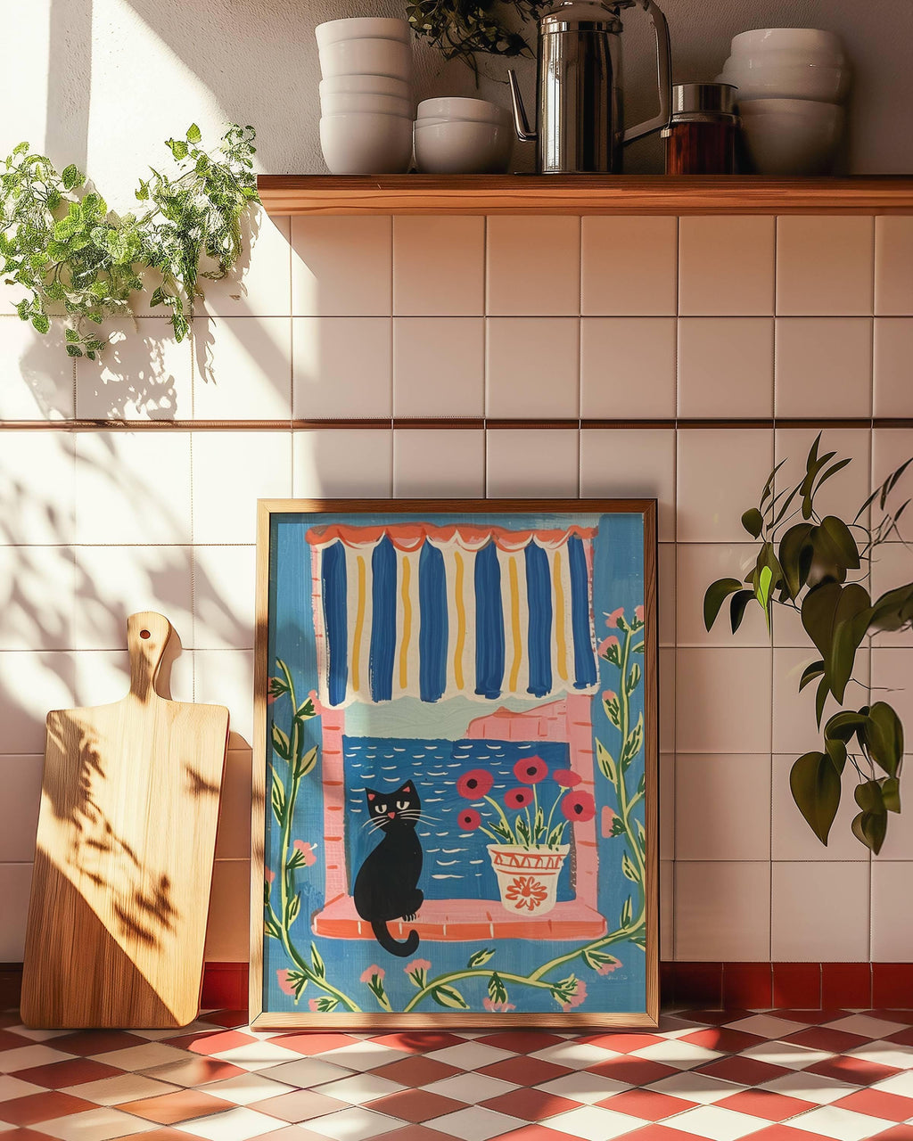 Illustration chat noir et Méditerranée – affiche féline – art mural poétique – déco murale chambre ou salon - idée cadeau amoureux des chats