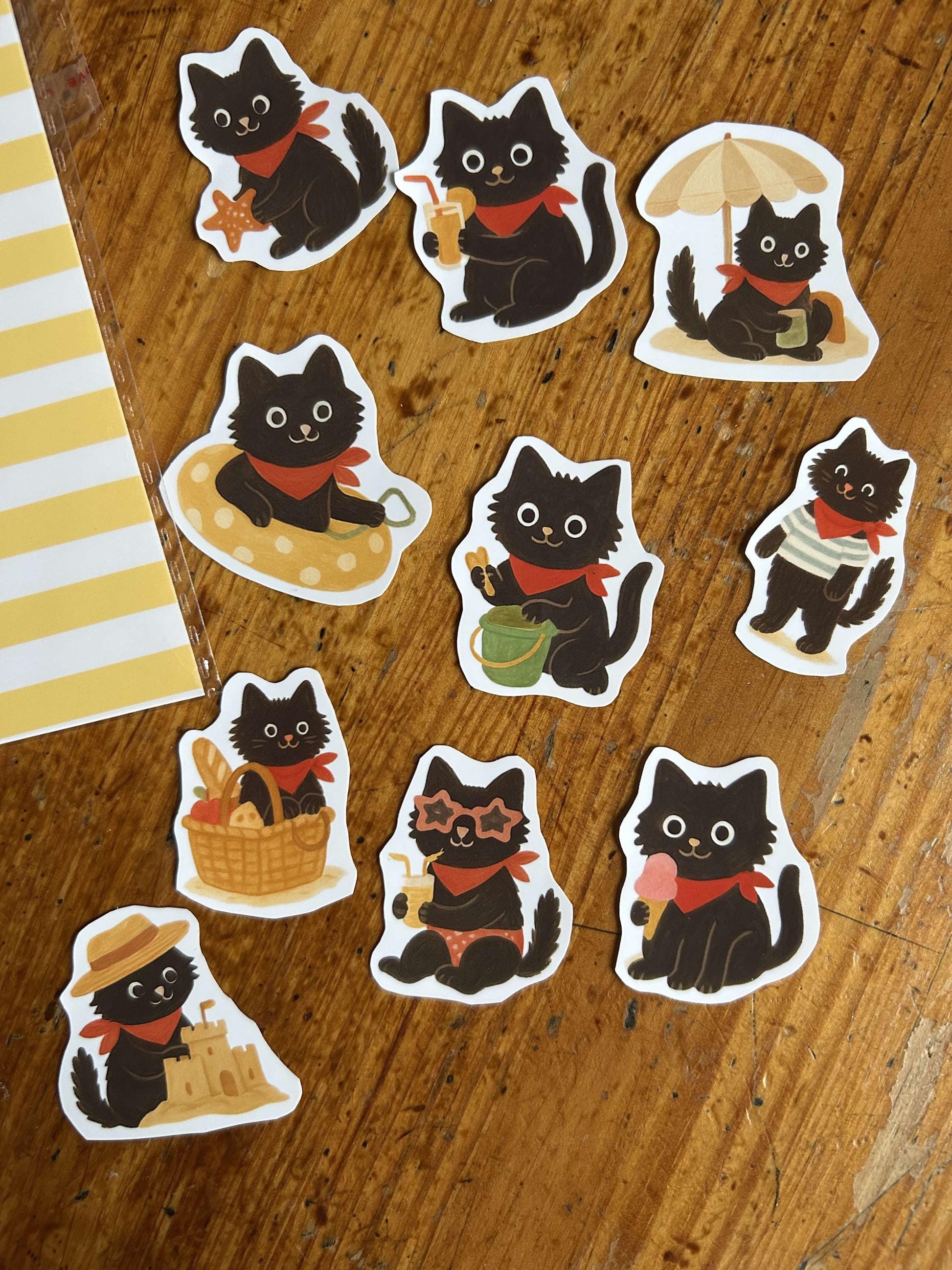 Stickers journaling  "Un chat noir à la plage" - stickers Chat Noir & à la plage – Pack de 10 Stickers vinyle
