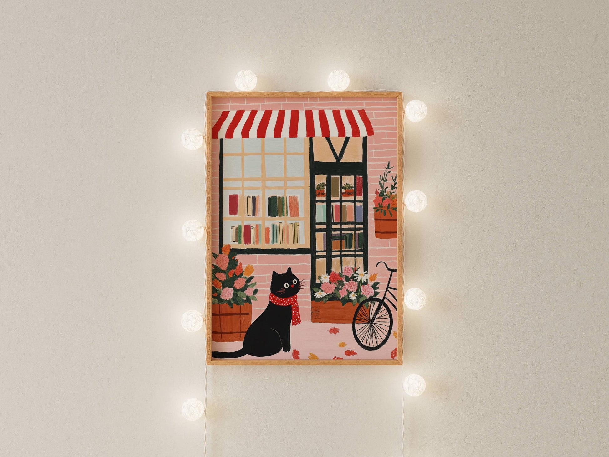 Illustration chat noir – Affiche chat noir devant une librairie à Brooklyn – art mural vintage poétique – déco murale chambre ou salon