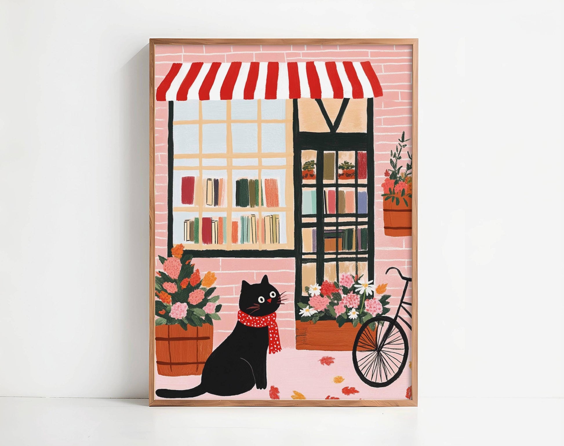 Illustration chat noir – Affiche chat noir devant une librairie à Brooklyn – art mural vintage poétique – déco murale chambre ou salon