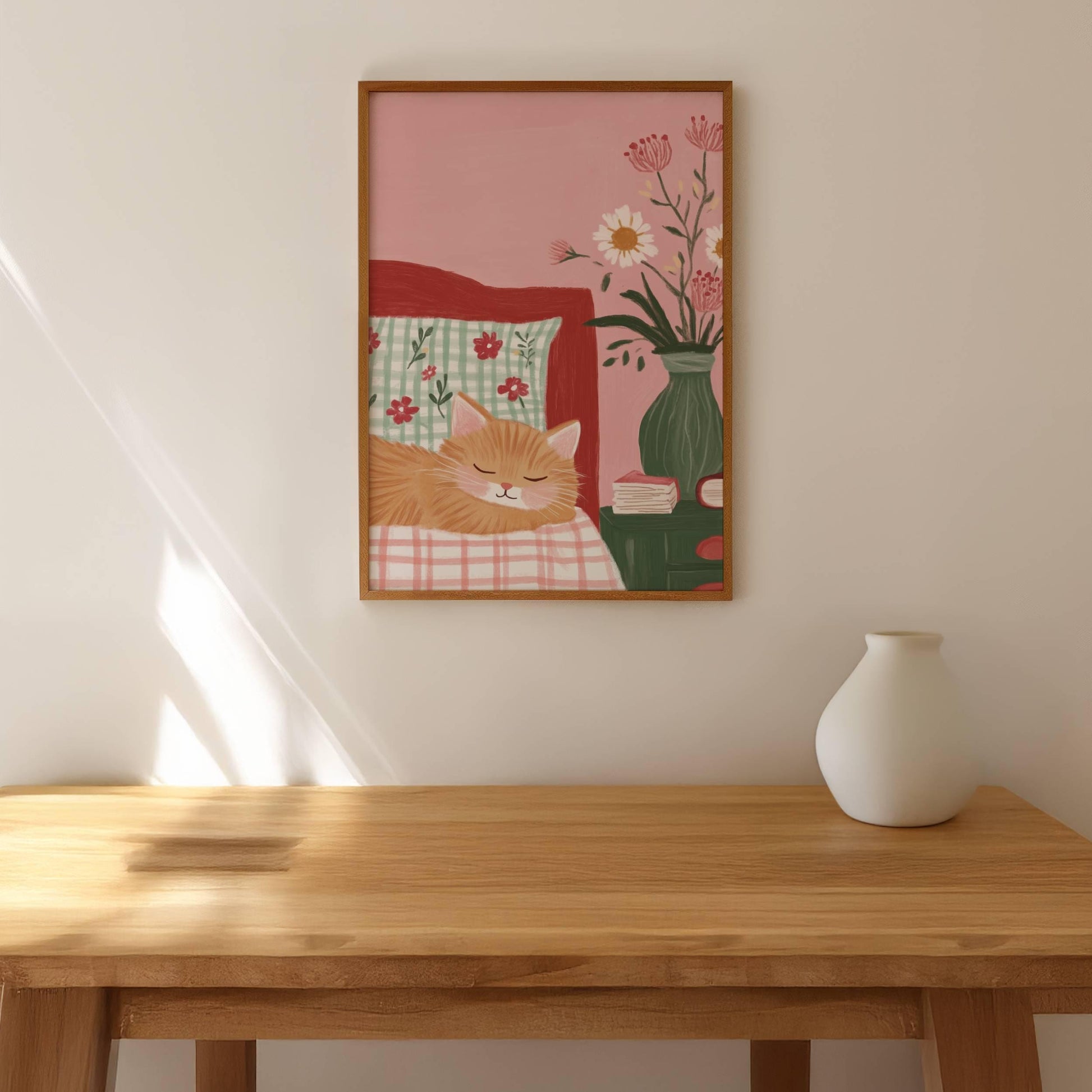 Affiche chat roux chambre fleurie – Art mural cosy cottagecore – Poster déco chambre salon, cadeau amoureux chats - idée cadeau noel