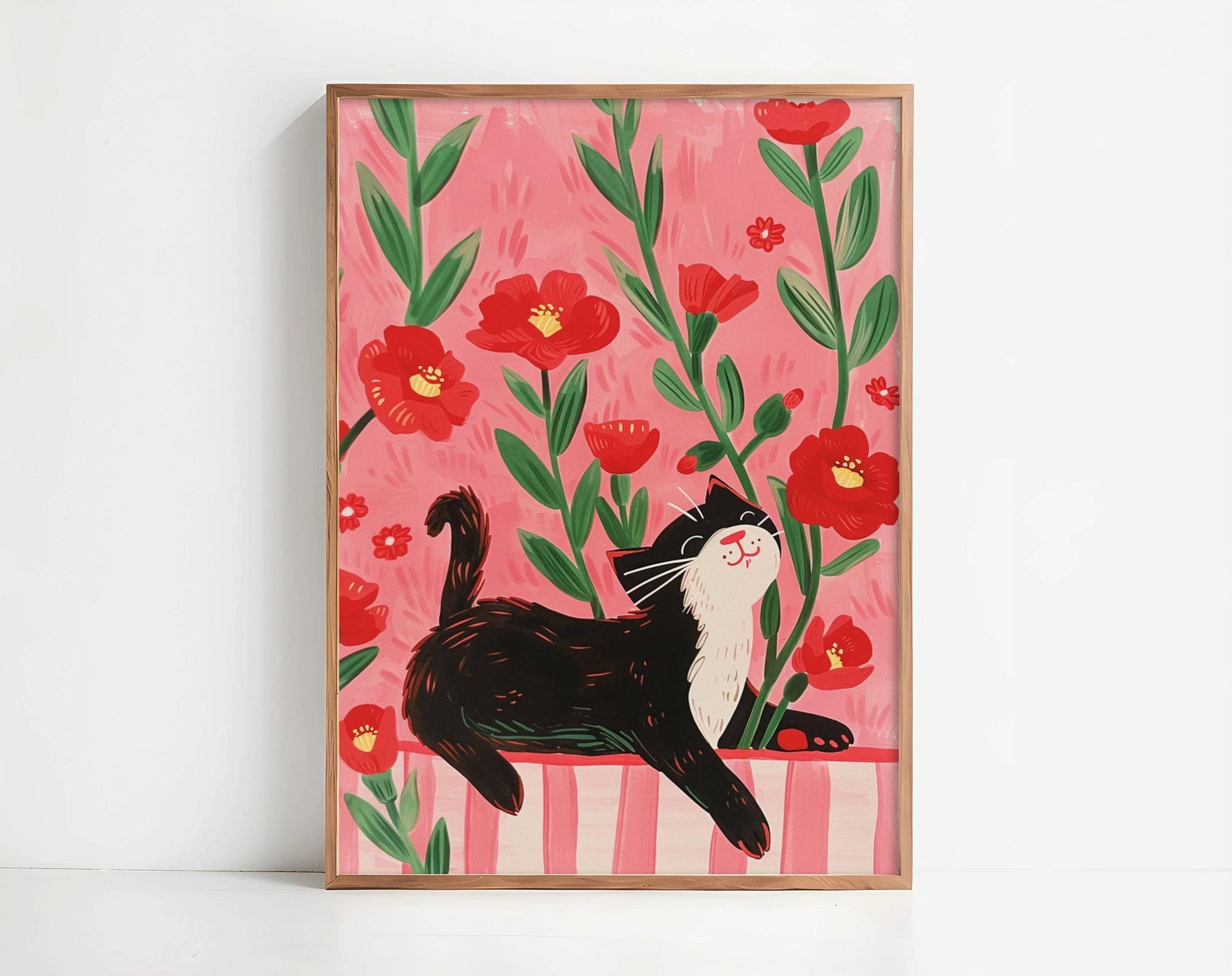 Affiche chat noir – illustration chat noir dans champ de coquelicots – art mural poétique – déco murale chambre ou salon - Papier premium