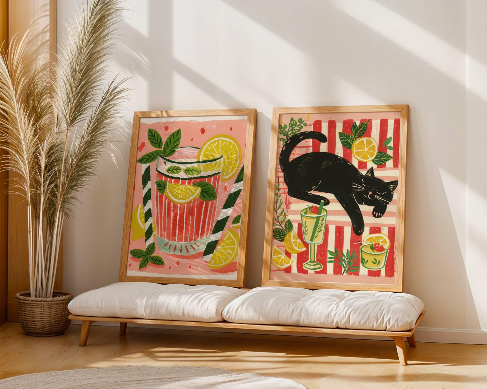 Lot de 2 affiches avec chat noir – "Le cocktail d'été du chat noir" - amoureux des chats