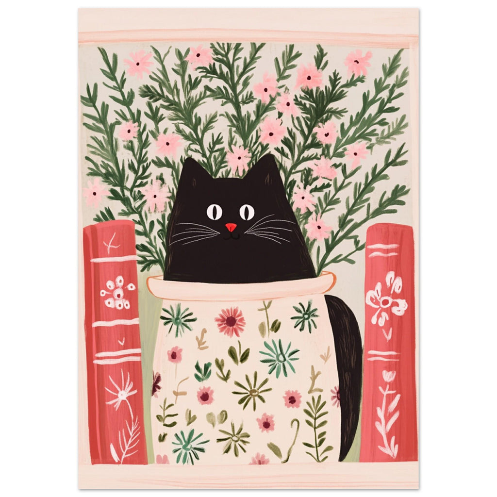 Illustration chat noir entre livres et pétales – affiche féline littéraire et florale – art mural poétique – déco murale chambre ou salon