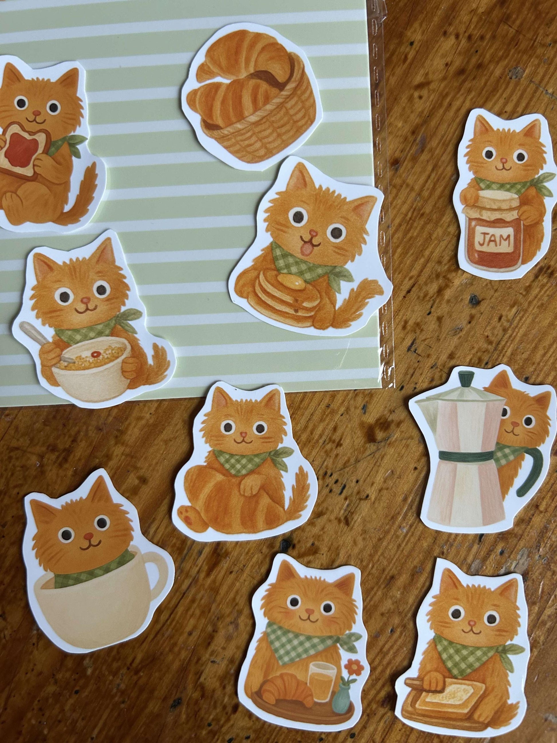 Stickers journaling  "Le Ptit Dej' du chat roux" - stickers Chat roux & petit déjeuner – Pack de 10 Stickers vinyle