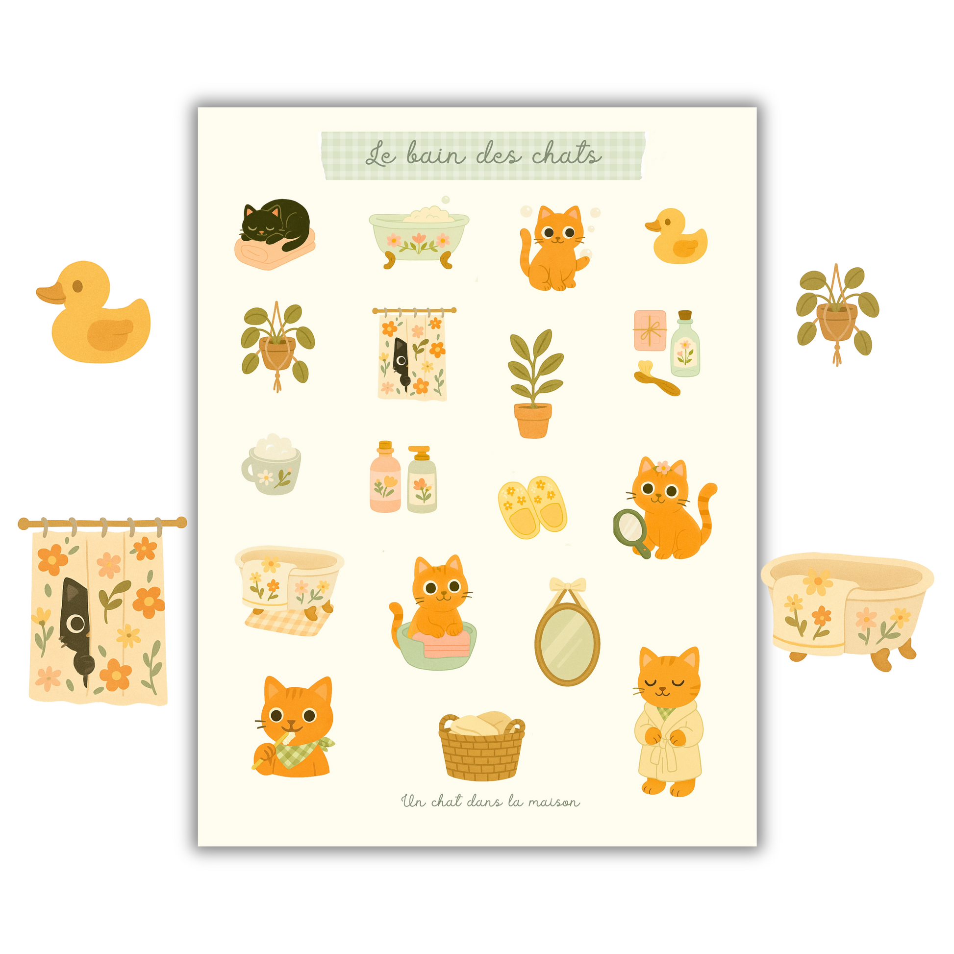 Planche de stickers chats A5 - Collection " Été tendre" - Chatons mignons salle de bain