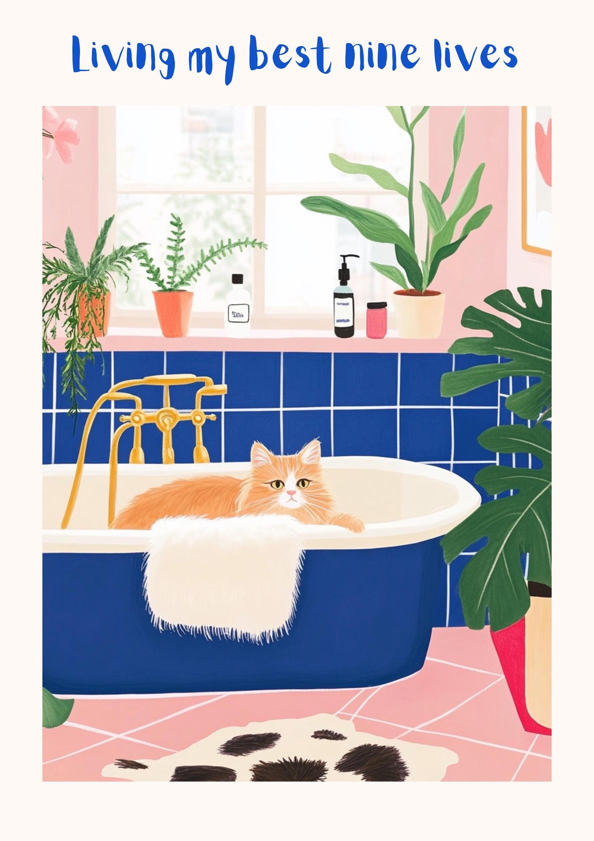 Affiche chat roux dans la salle de bain –Collection "Dimanche matin" -  illustration chat humoristique