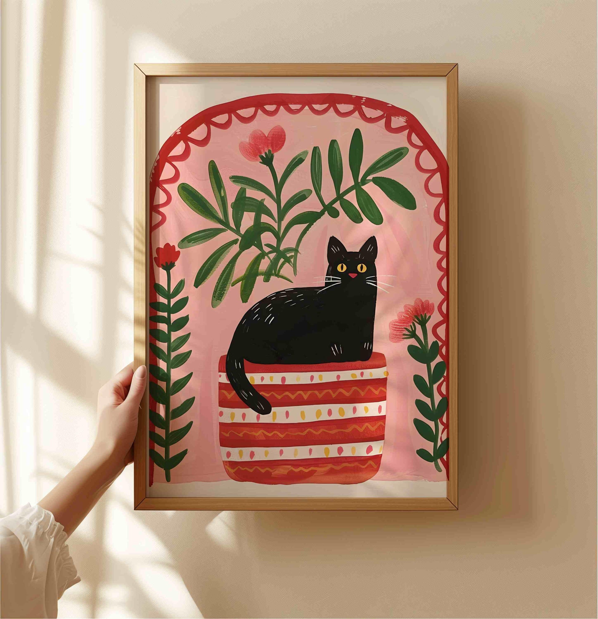 Affiche chat noir – Collection "Le jardin secret des chats"  – Illustration poétique printanière