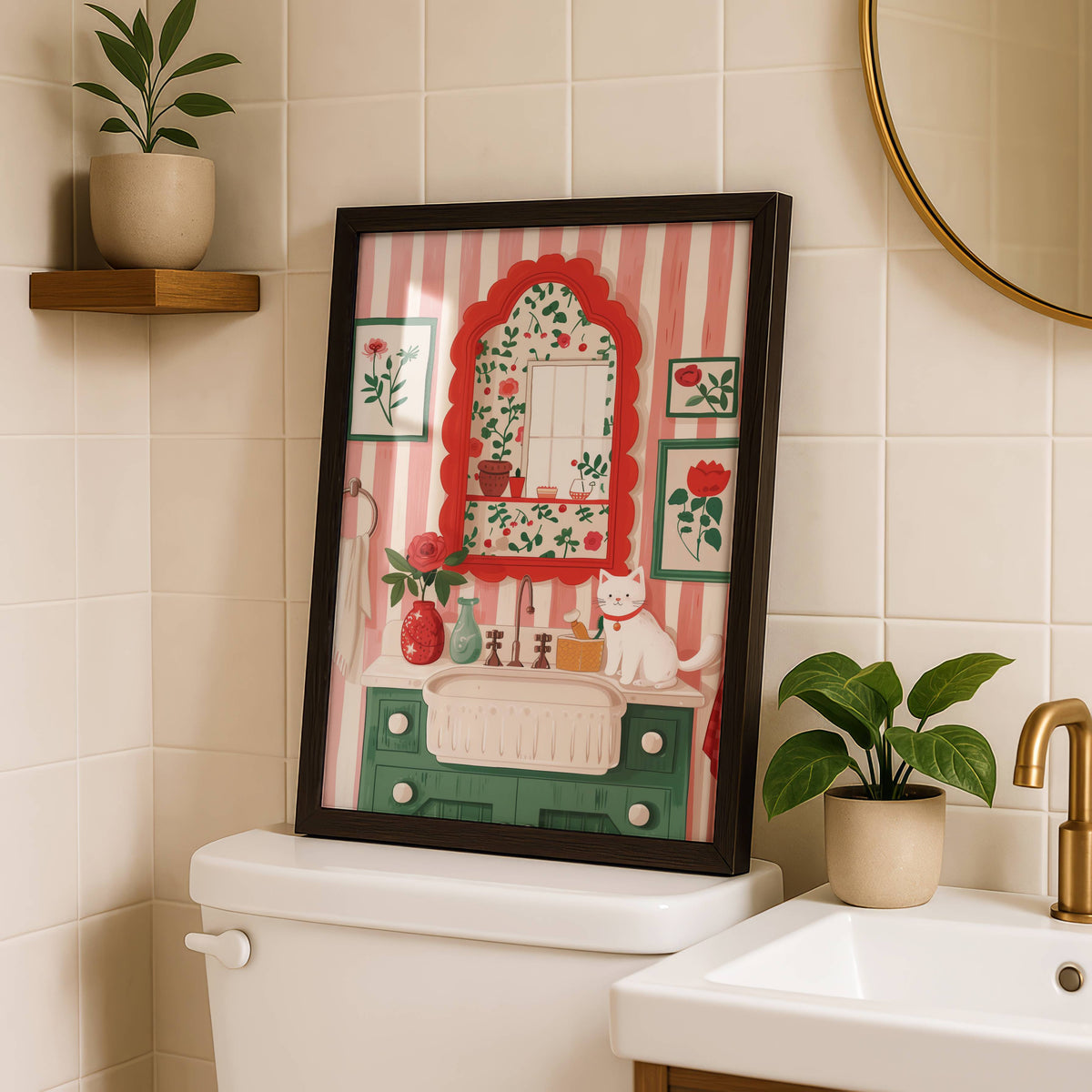 Illustration chat blanc salle de bain | affiche décorative cottagecore | cadeau amoureux des chats | illustration poétique fleurs