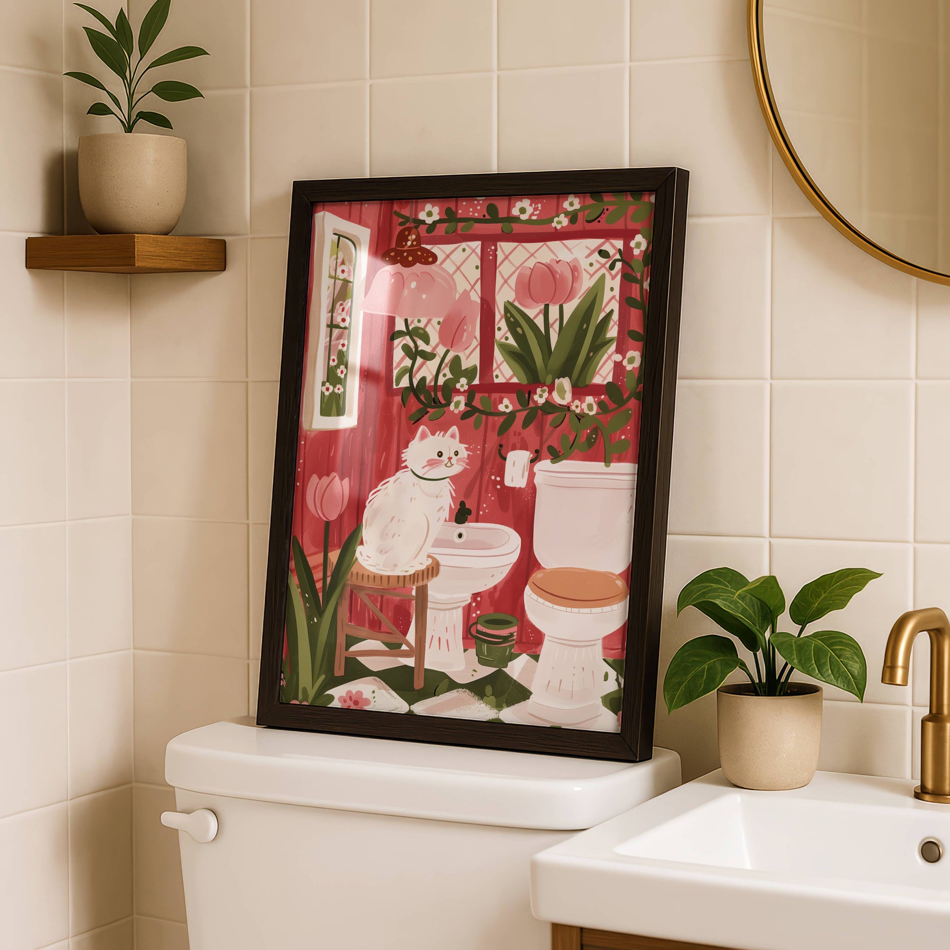 Illustration chat blanc salle de bain - Décoration WC originale - Idée cadeau amoureux des chats