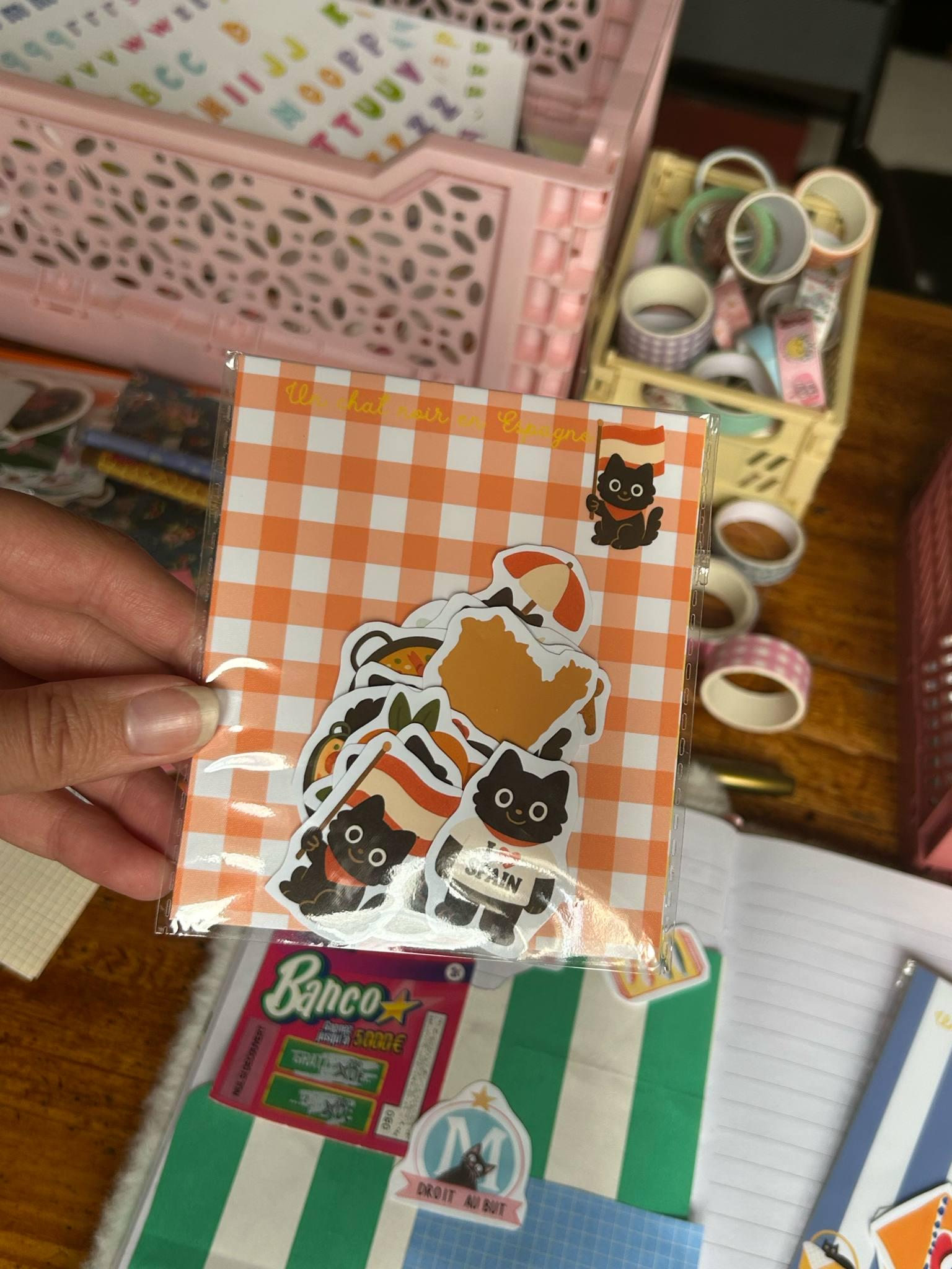 Stickers journaling  "Un chat noir en Espagne" - stickers Chat Noir en Espagne – Pack de 10 Stickers vinyle
