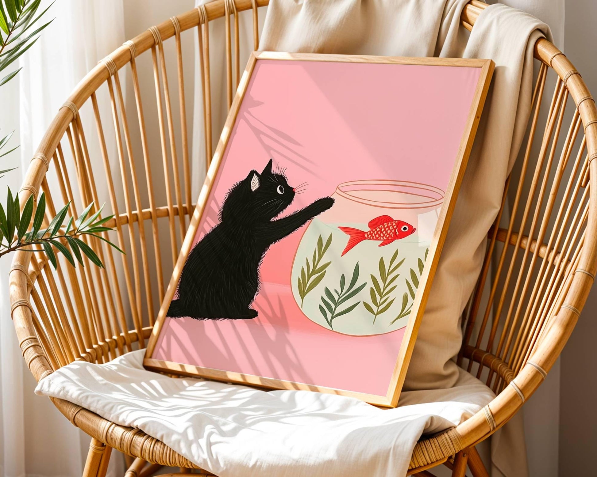 affiche chat noir et poisson rouge – illustration chat noir rose minimaliste, déco murale mignonne, art félin, idée  cadeau - papier premium