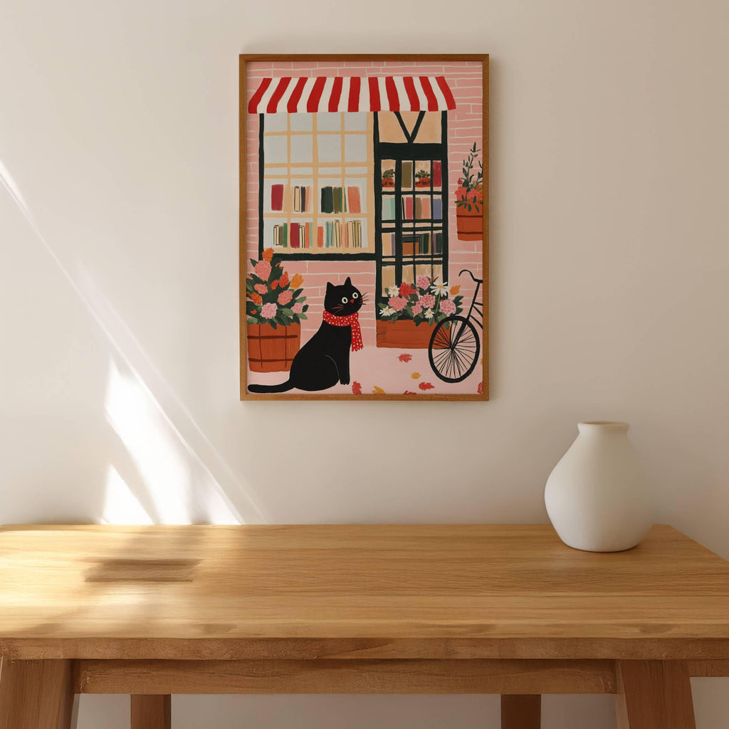 Illustration chat noir – Affiche chat noir devant une librairie à Brooklyn – art mural vintage poétique – déco murale chambre ou salon