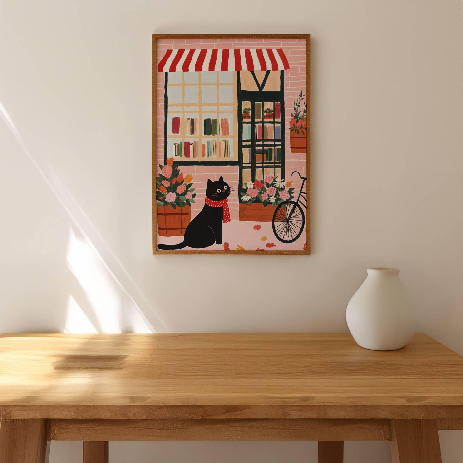 Illustration chat noir – Affiche chat noir devant une librairie à Brooklyn – art mural vintage poétique – déco murale chambre ou salon