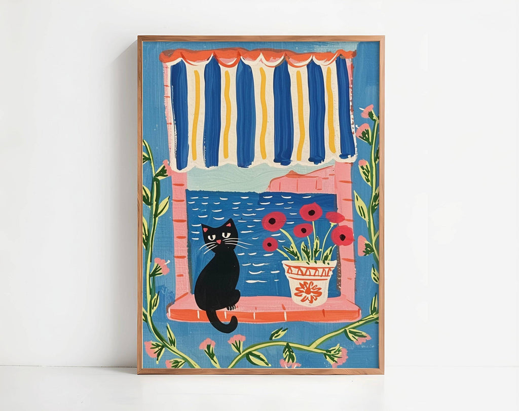 Illustration chat noir et Méditerranée – affiche féline – art mural poétique – déco murale chambre ou salon - idée cadeau amoureux des chats