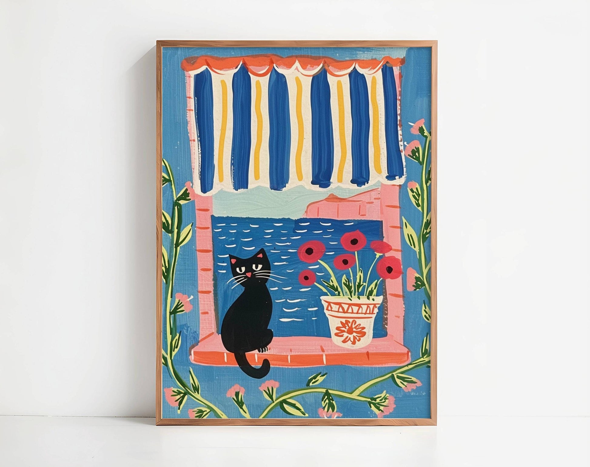 Illustration chat noir et Méditerranée – affiche féline – art mural poétique – déco murale chambre ou salon - idée cadeau amoureux des chats