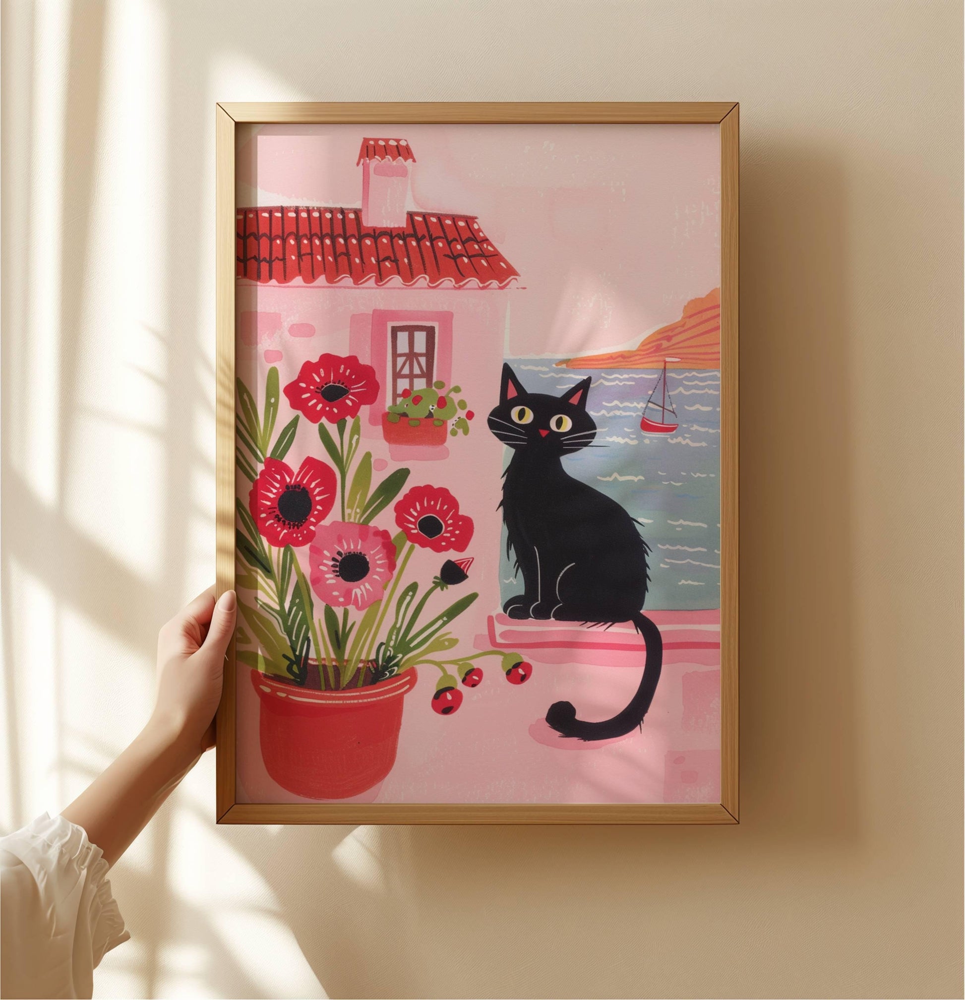Affiche chat noir mystérieux – illustration chat parmi les coquelicots – art mural vintage poétique – déco murale chambre ou salon