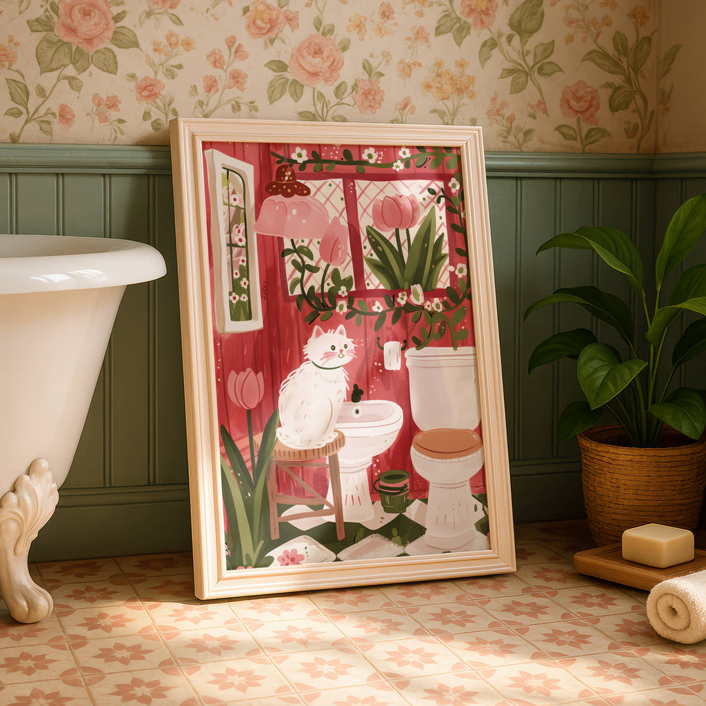 Illustration chat blanc salle de bain - Décoration WC originale - Idée cadeau amoureux des chats
