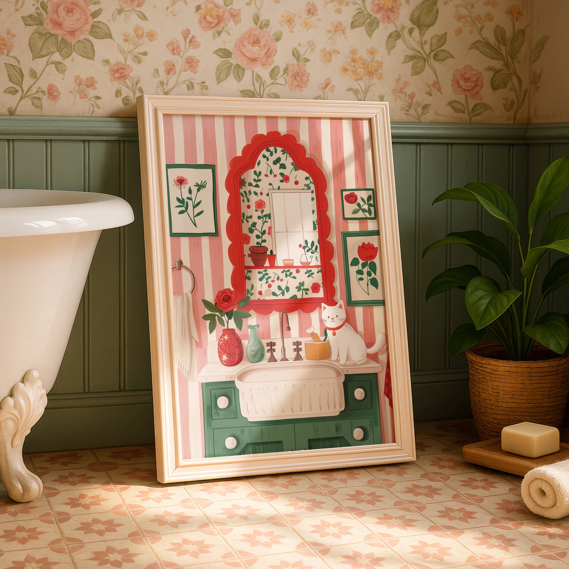 Illustration chat blanc salle de bain | affiche décorative cottagecore | cadeau amoureux des chats | illustration poétique fleurs