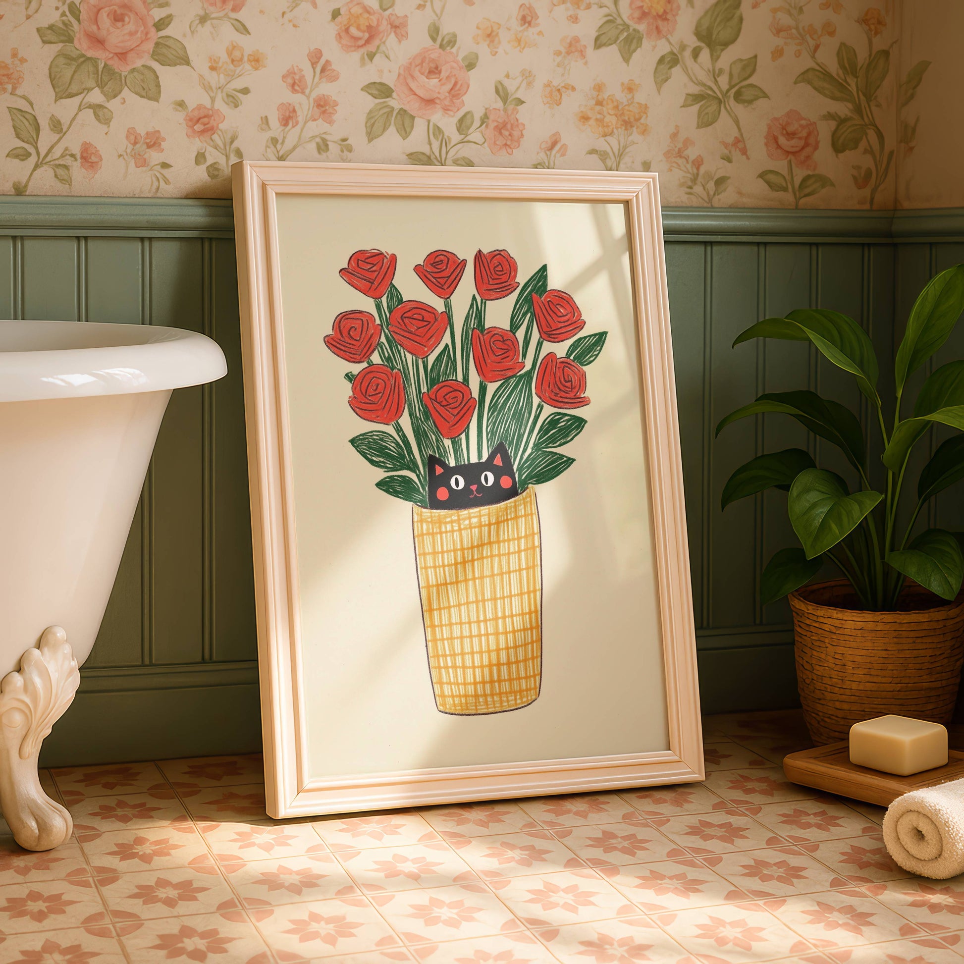 Illustration chat noir roses rouges | affiche art mural naïf | cadeau amoureux des chats | déco cottagecore fleurs
