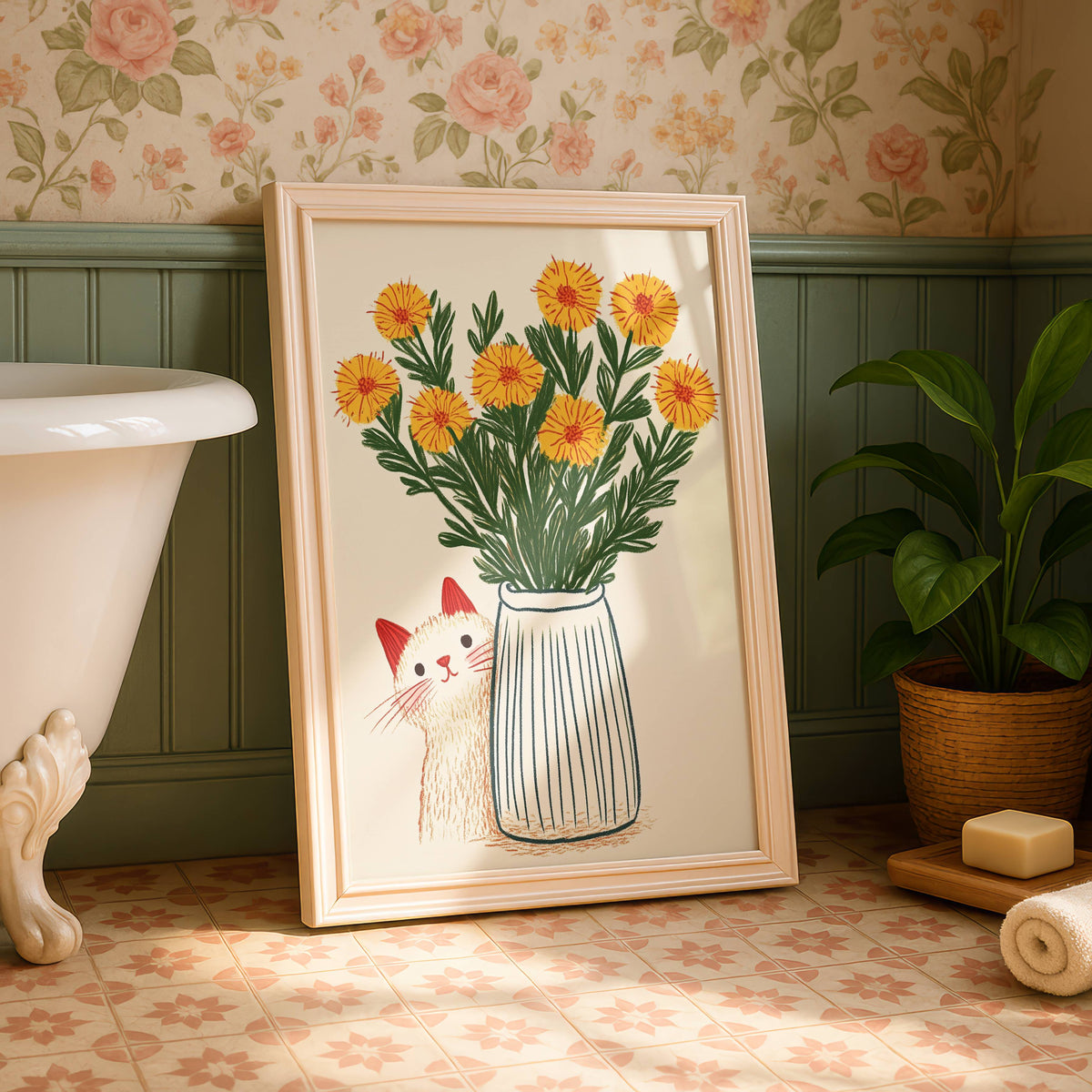 Illustration chat blanc fleurs jaunes | poster art floral printanier | cadeau amoureux des chats | déco murale cottagecore