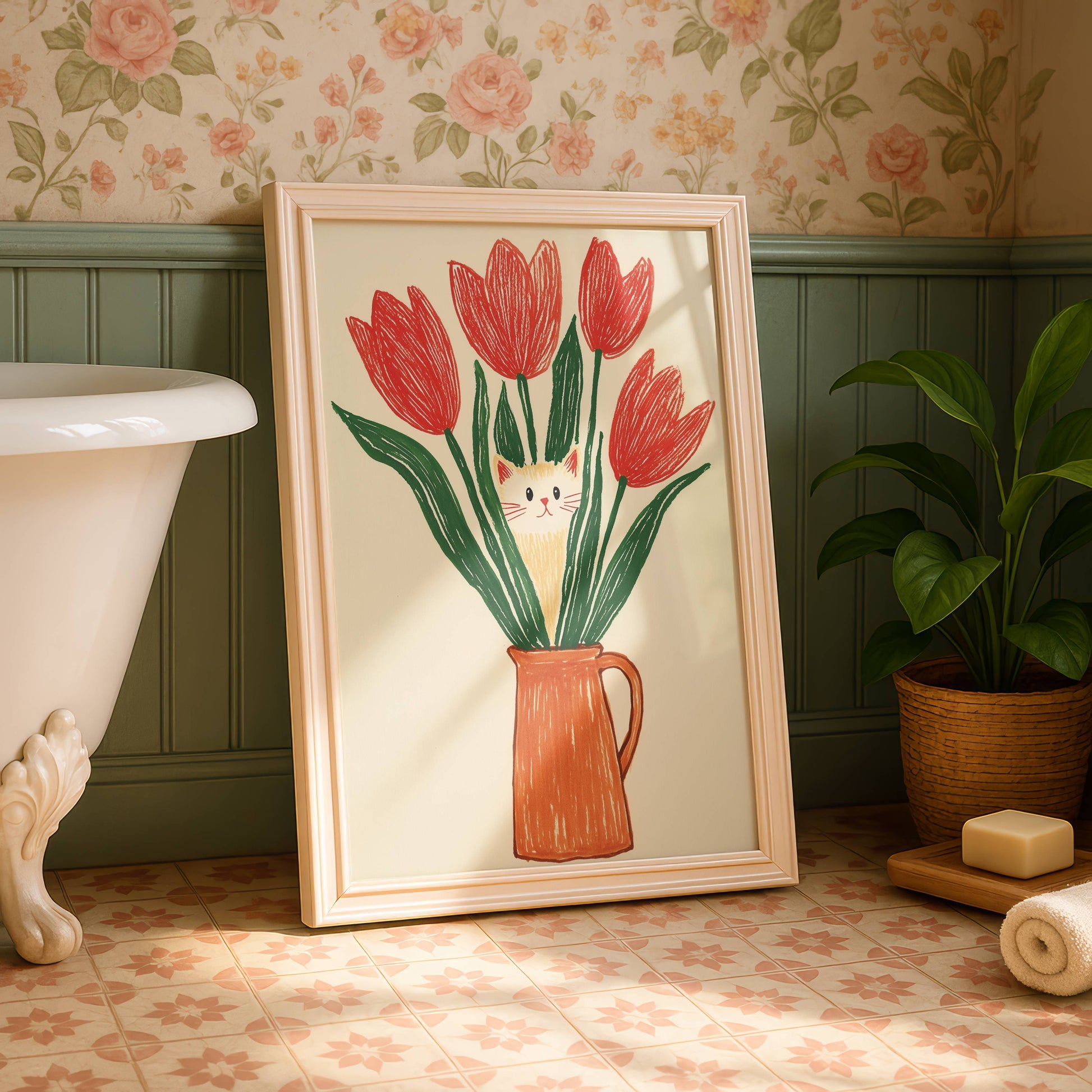 Illustration chat et tulipes rouges | Affiche chat rigolo | Idée cadeau amoureux des chats | Art mural naïf et coloré | Poster cottagecore