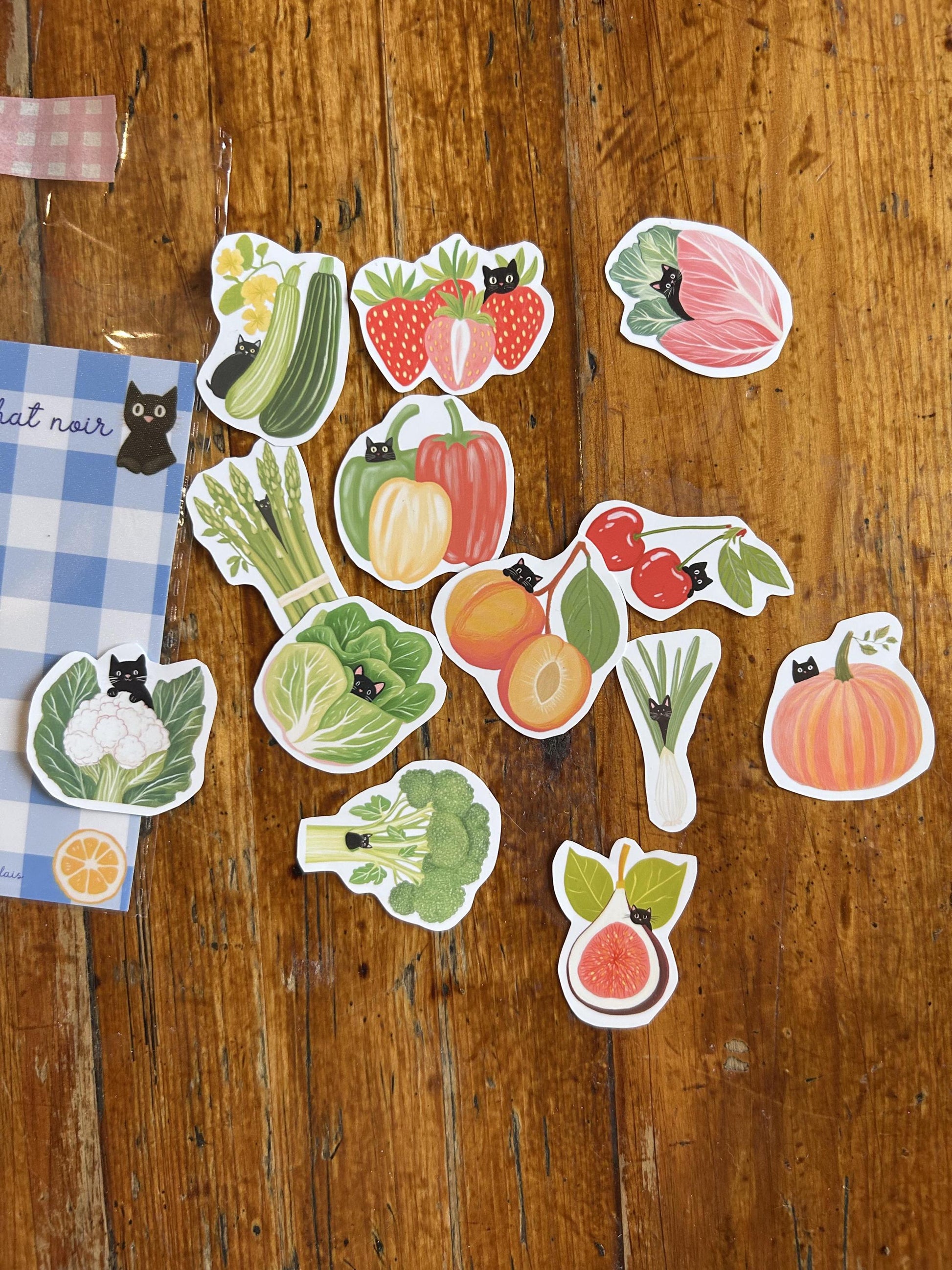 Stickers "Le verger du chat noir" - stickers Chat Noir & Fruits et Légumes – Pack de 13 Stickers vinyle