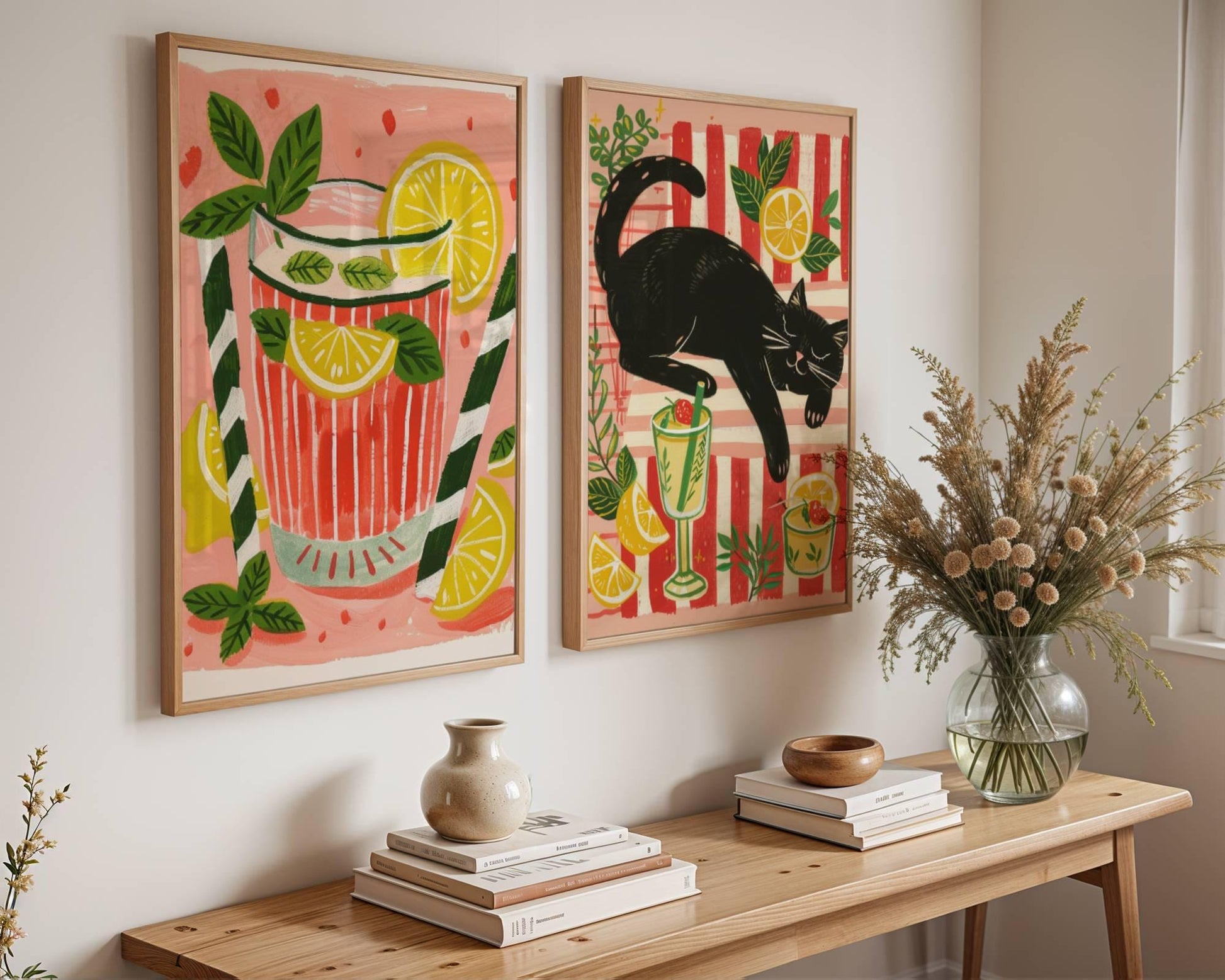 Lot de 2 affiches avec chat noir – "Le cocktail d'été du chat noir" - amoureux des chats