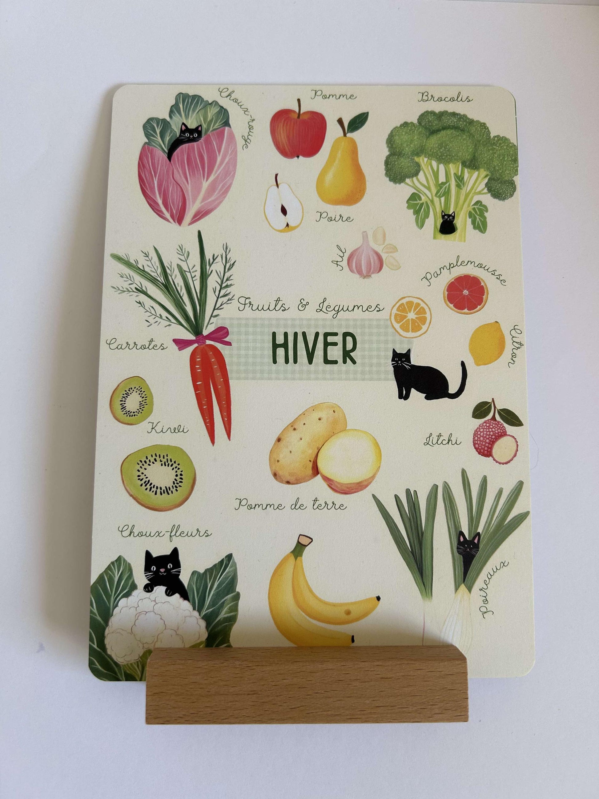 Lot de 4 Affiches Herbier avec Chat Noir avec support en bois – Fruits et Légumes de Saison | Déco Murale