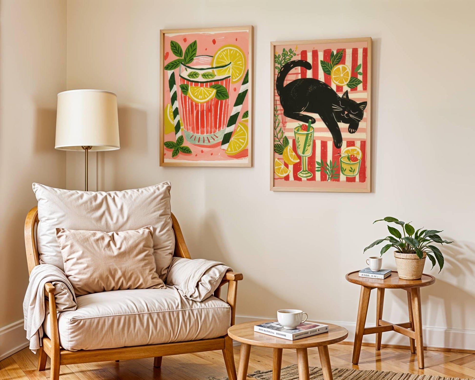 Lot de 2 affiches avec chat noir – "Le cocktail d'été du chat noir" - amoureux des chats