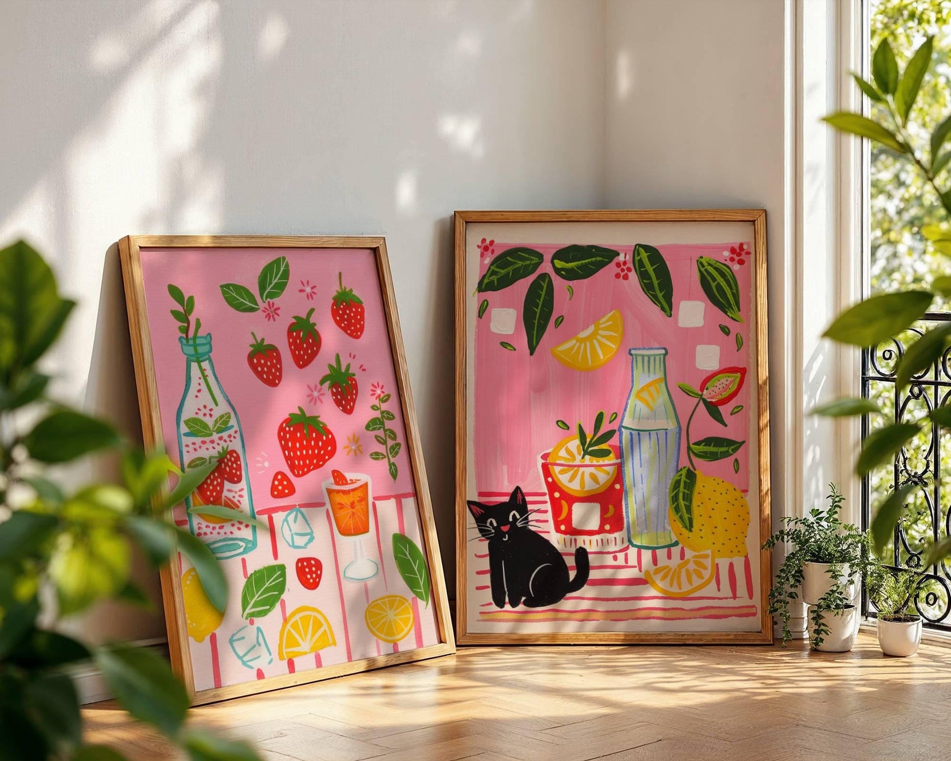Lot de 2 affiches avec chat noir – "Le cocktail d'été du chat noir" - amoureux des chats