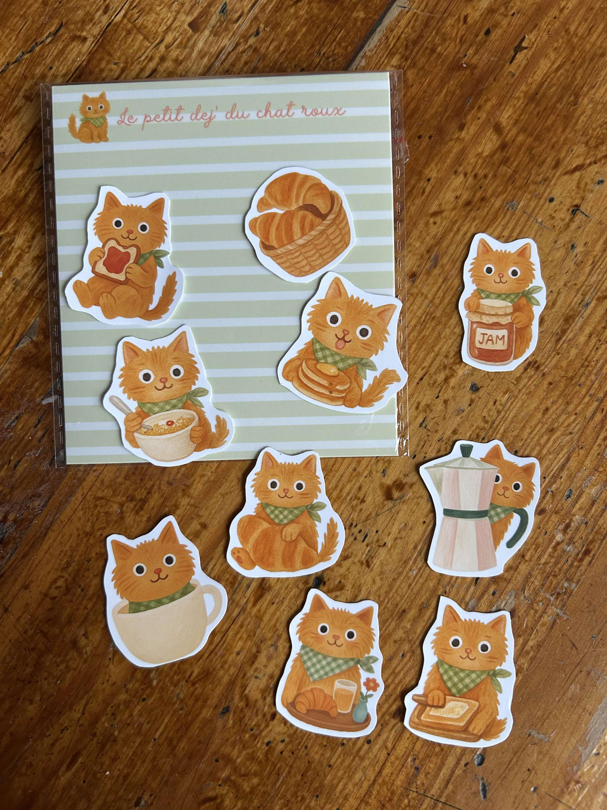 Stickers journaling  "Le Ptit Dej' du chat roux" - stickers Chat roux & petit déjeuner – Pack de 10 Stickers vinyle