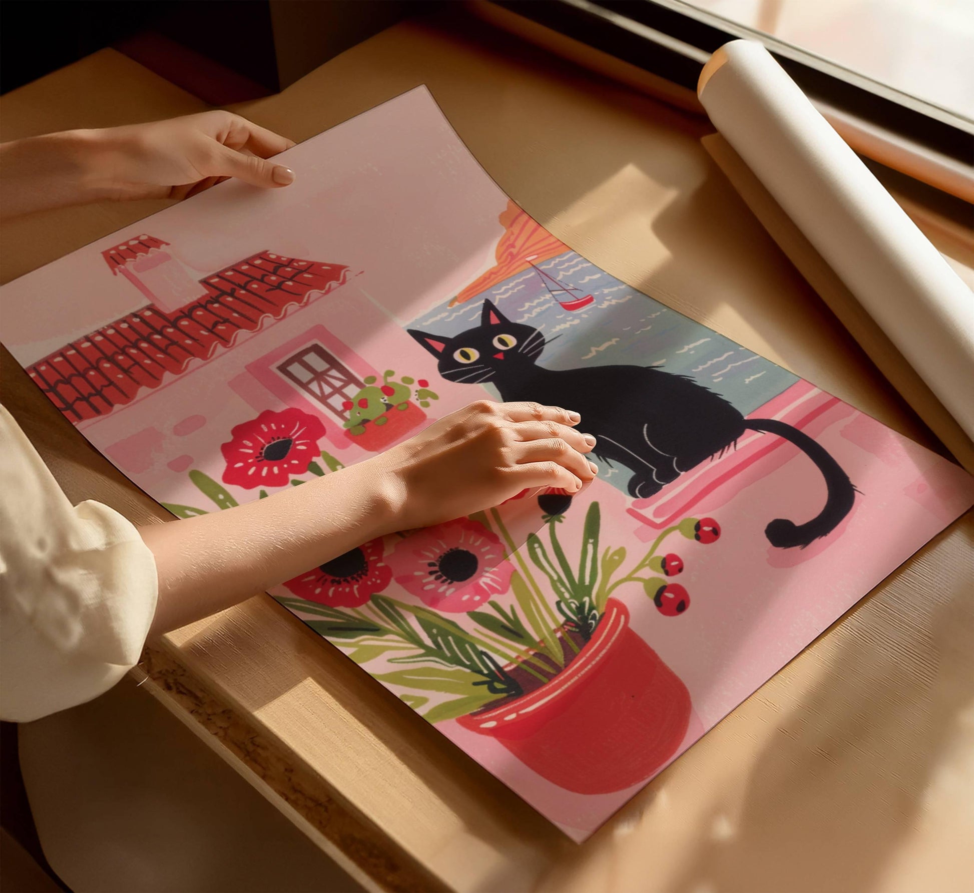 Affiche chat noir mystérieux – illustration chat parmi les coquelicots – art mural vintage poétique – déco murale chambre ou salon