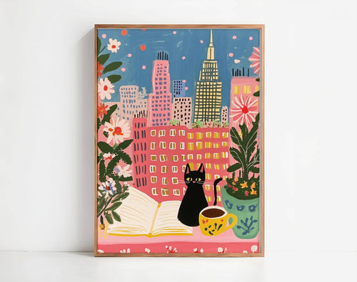 Affiche chat noir à New York – illustration chat noir cosy dans intérieur urbain – art mural vintage poétique – déco murale chambre ou salon