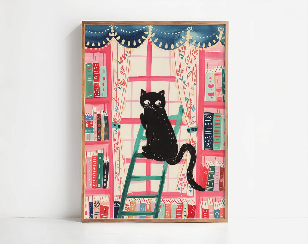 Affiche chat noir dans la bibliothèque – illustration colorée et cosy – déco murale féline et littéraire - idée cadeau fête des mères