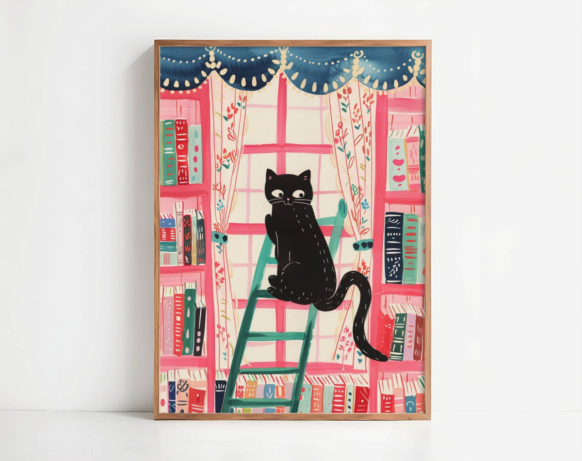 Affiche chat noir dans la bibliothèque – illustration colorée et cosy – déco murale féline et littéraire - idée cadeau fête des mères