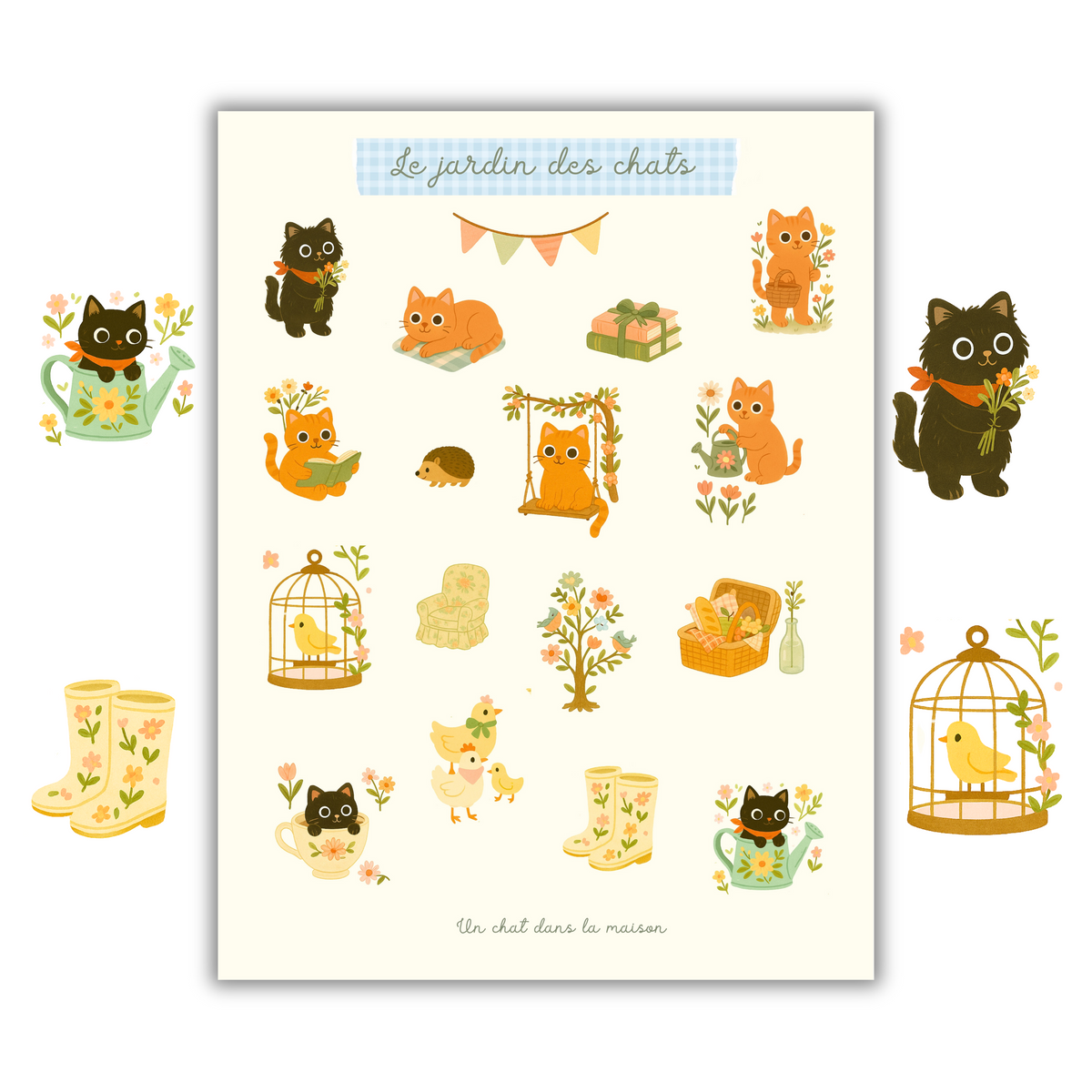 Planche de stickers chats A5 - Collection "Été tendre" - Scènes de jardin, fleurs, pique-nique
