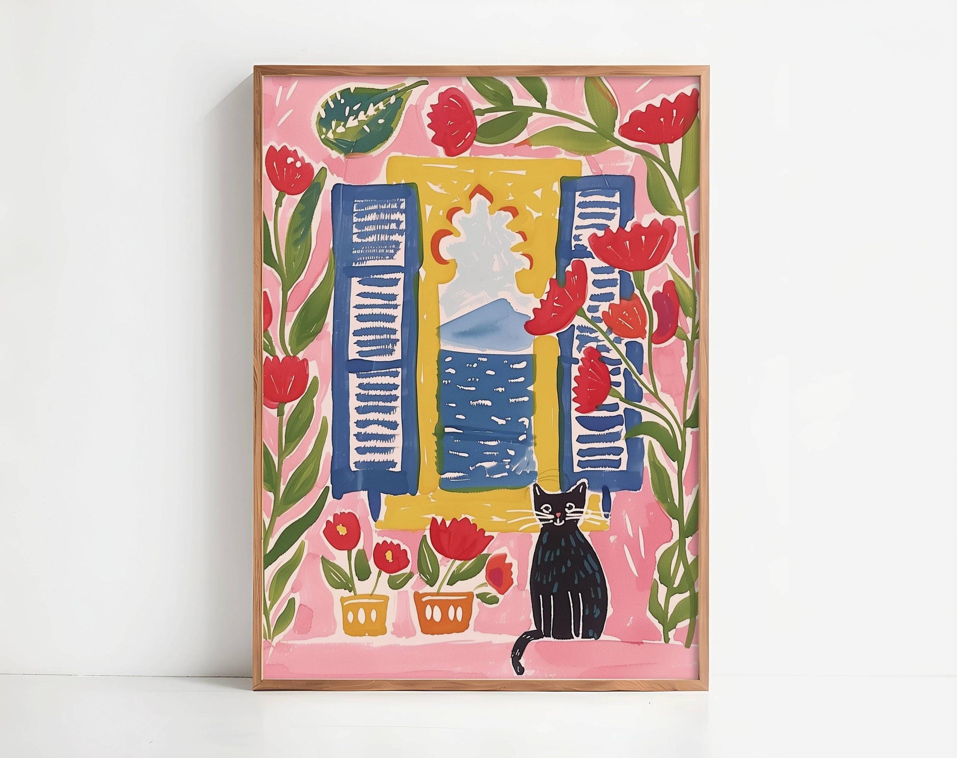 Lot 2 affiches chat noir – Chat noir à la fenêtre & vue sur la mer – illustration estivale et florale