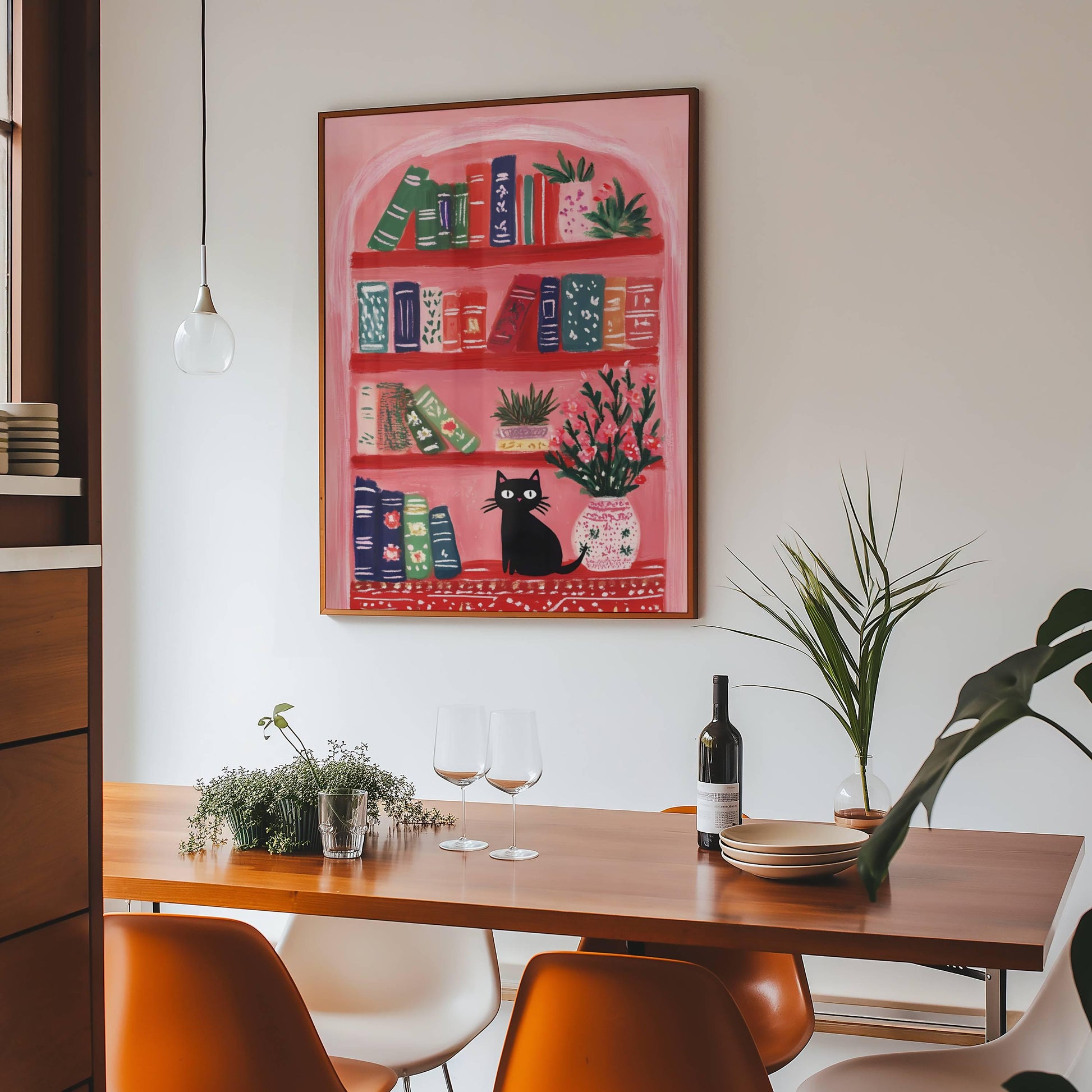 Chat noir dans une bibliothèque fleurie – illustration cosy et poétique  |  illustration numériques chat et livres - Affiche déco murale