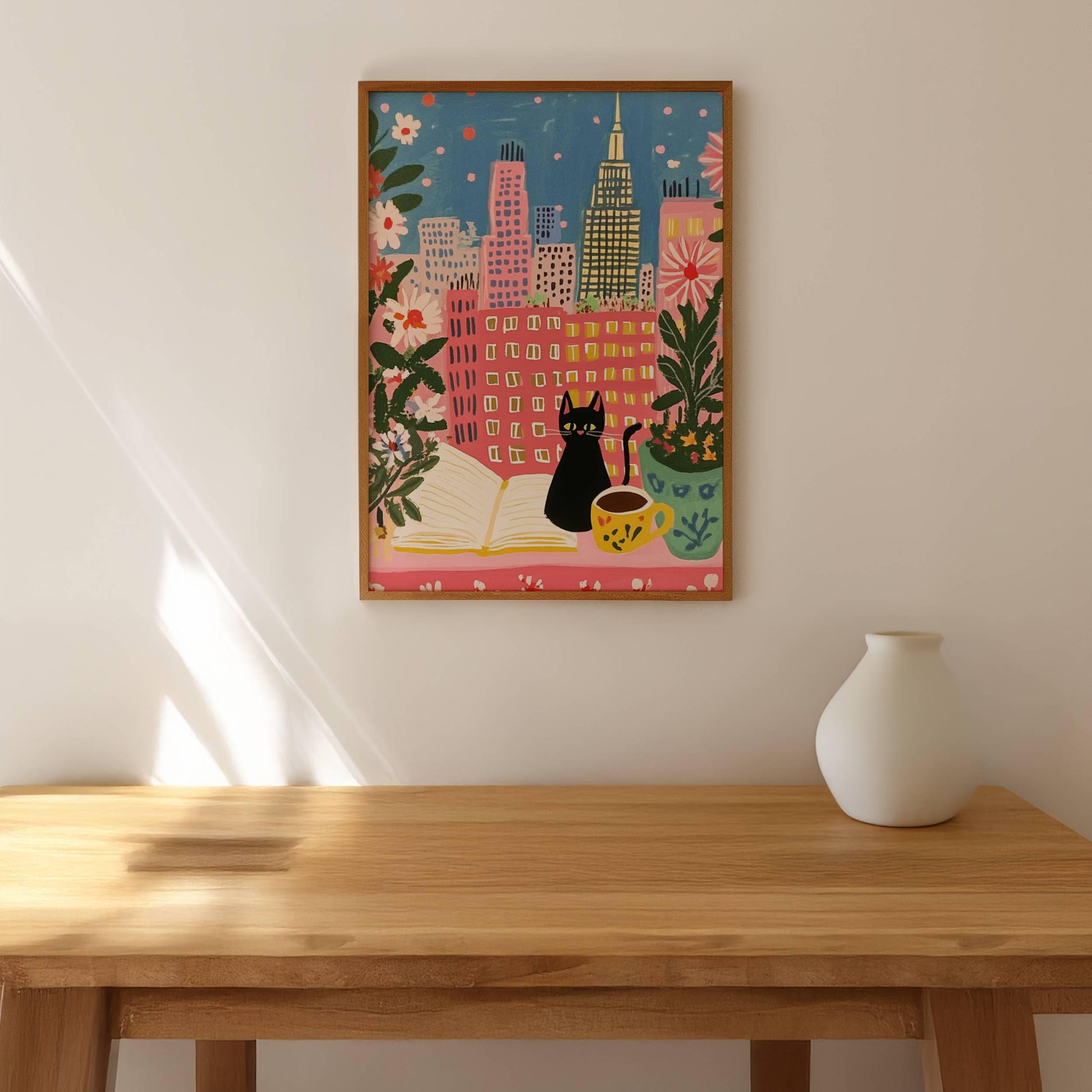 Affiche chat noir à New York – illustration chat noir cosy dans intérieur urbain – art mural vintage poétique – déco murale chambre ou salon