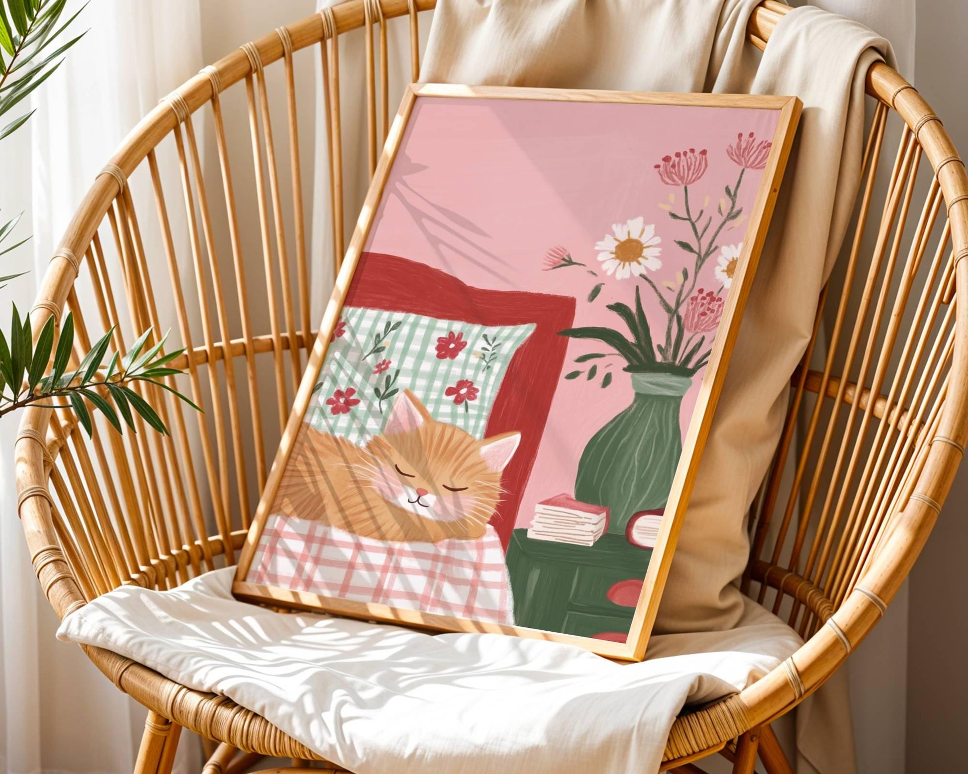 Affiche chat roux chambre fleurie – Art mural cosy cottagecore – Poster déco chambre salon, cadeau amoureux chats - idée cadeau noel
