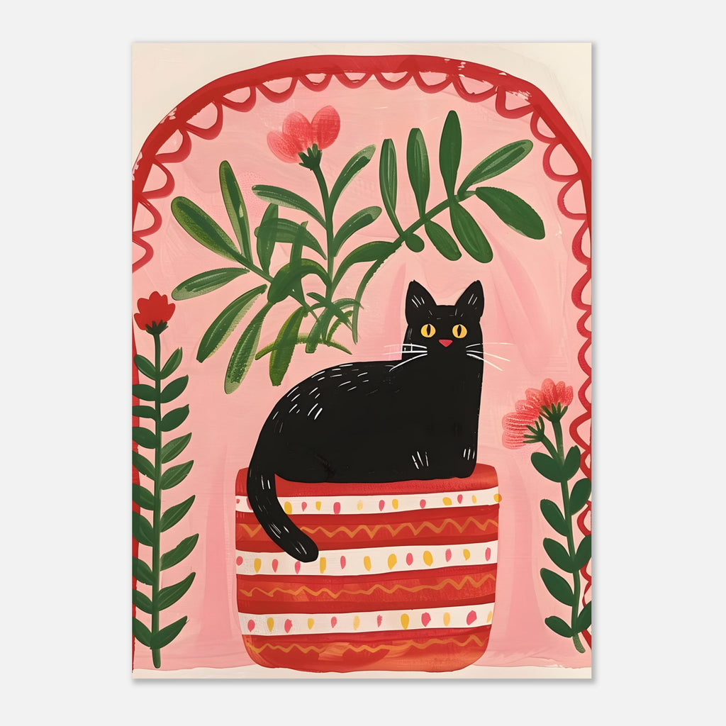 Affiche chat noir – Collection "Le jardin secret des chats"  – Illustration poétique printanière