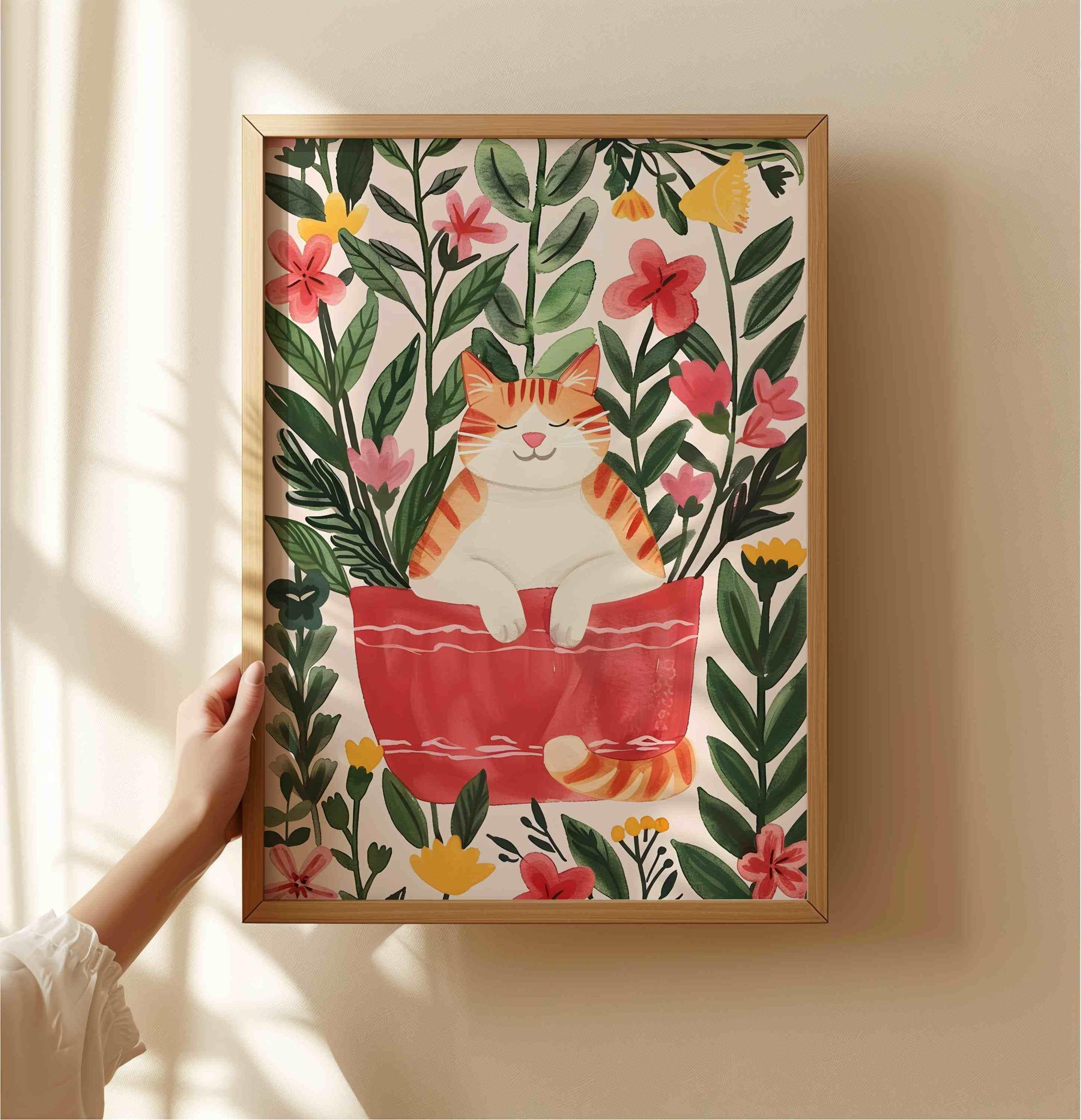 Affiche chat roux  – "Le jardin rêveur du chat roux" – Illustration poétique printanière