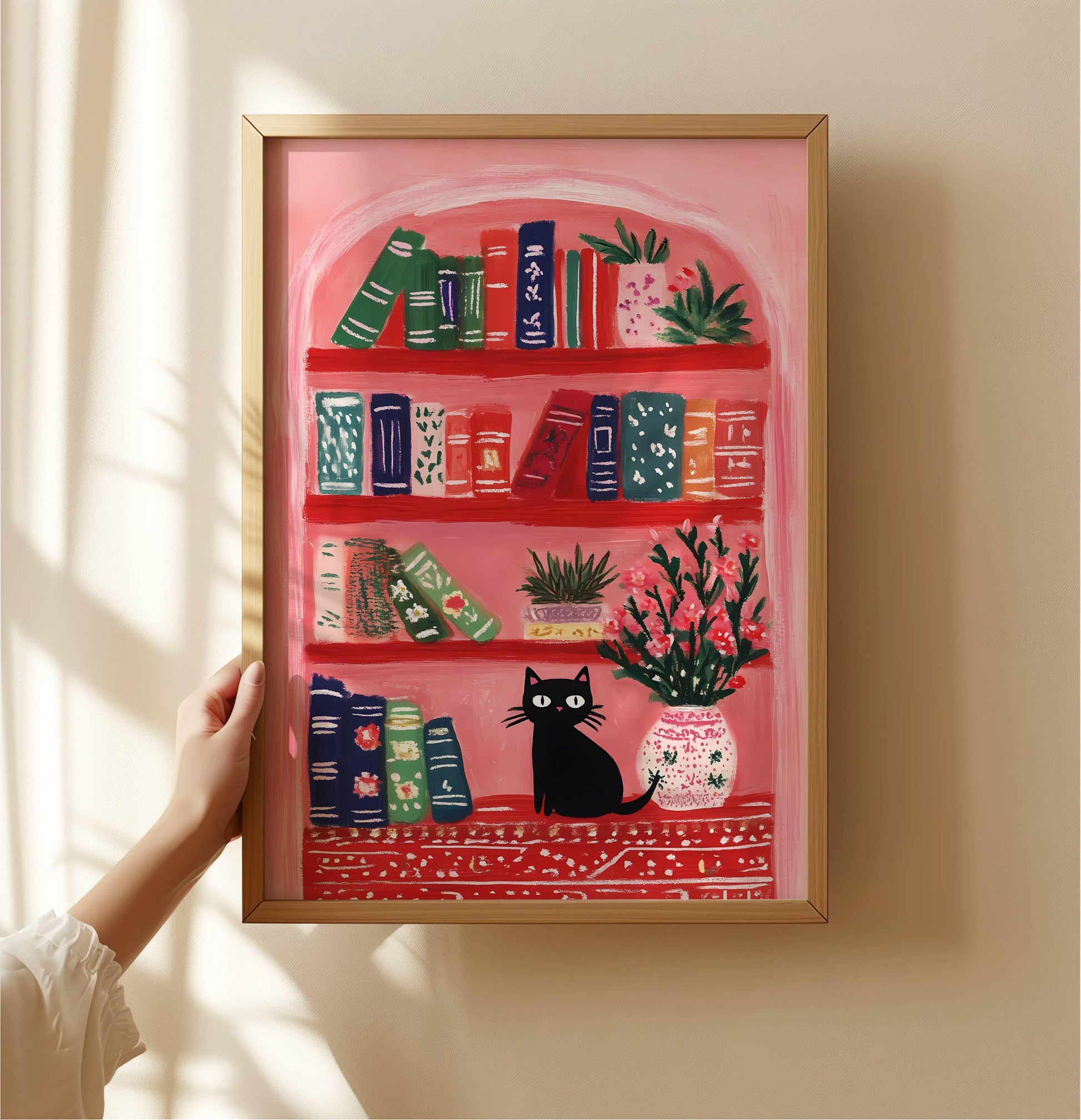 Chat noir dans une bibliothèque fleurie – illustration cosy et poétique  |  illustration numériques chat et livres - Affiche déco murale