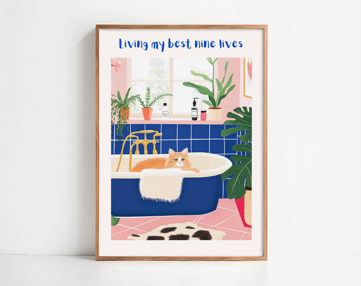 Affiche chat roux dans la salle de bain –Collection "Dimanche matin" -  illustration chat humoristique