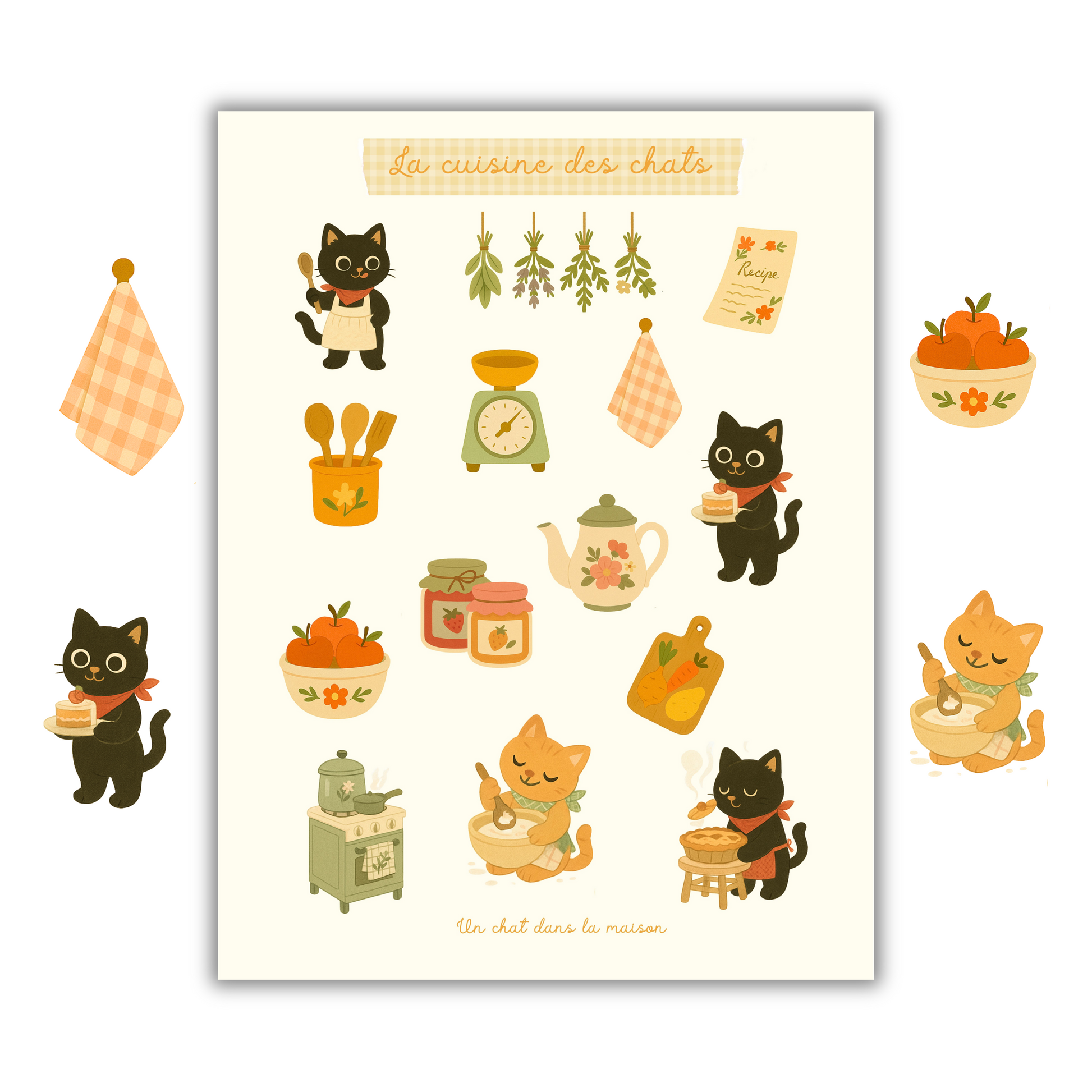 Planche stickers alphabet patchwork A5 - collection "Été tendre" - Scènes de cuisine cosy, chat noir & chat roux