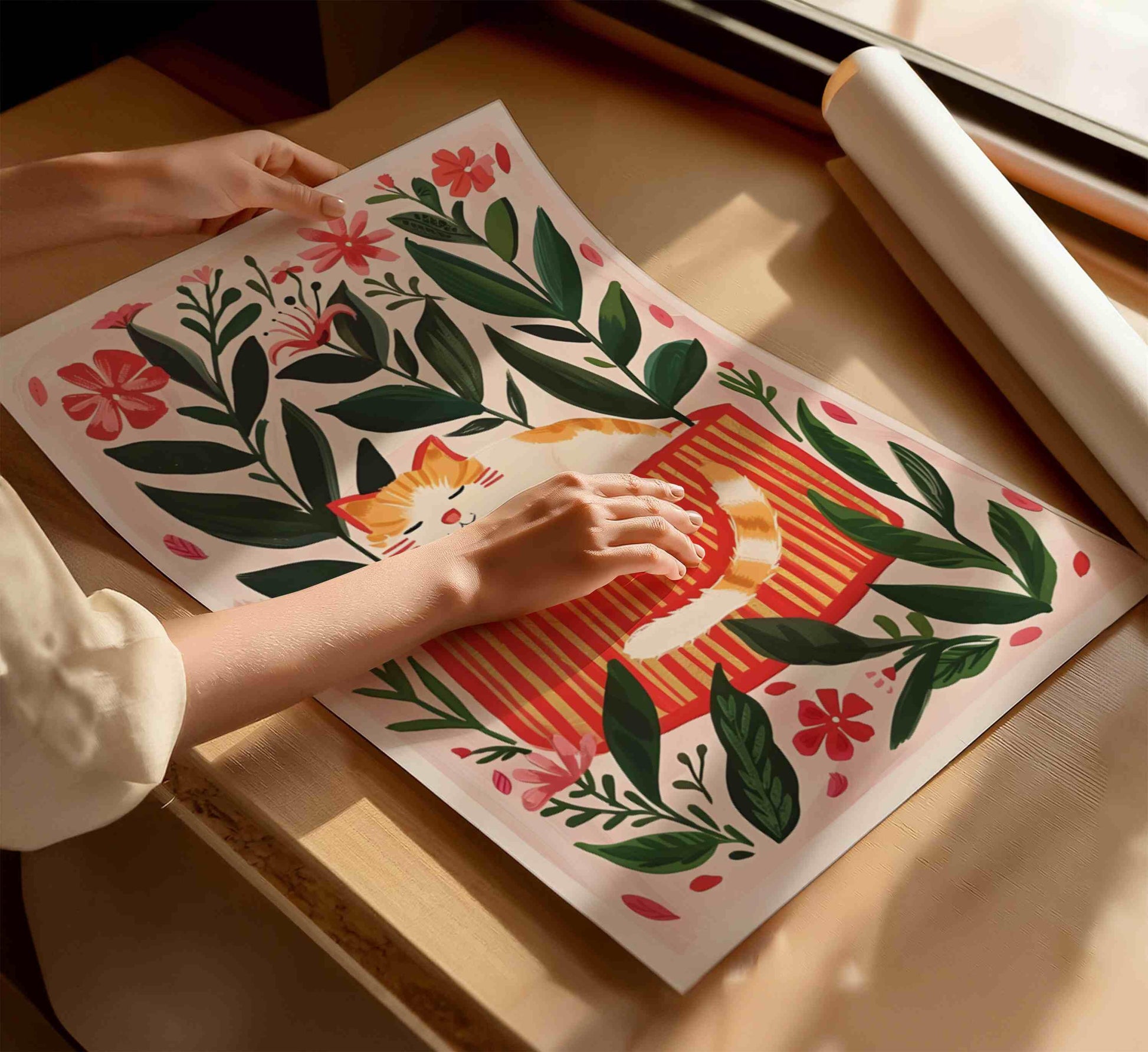 Affiche chat roux parmi les fleurs – illustration le chat roux dans le jardin – art mural  poétique – déco murale chambre ou salon